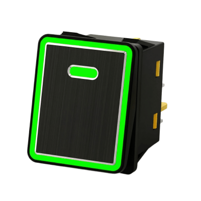 Interruptor tipo Switch con Led Color Verde / IP65 / Diseño Industrial con panel de Aluminio / NO, COM, NC / Terminales tipo F1 — ACCESSPRO · SKU APB-08221-G