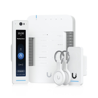 UniFi Access Kit de Inicio Gen2 Profesional para 1 puerta, (1) Lector NFC con pantalla táctil, audio 2 vías y cámara / (1) Lector NFC y de movimiento UA-G2 / Hub para conexiones para controlar una puerta con salida POE y energizar acc — UBIQUITI · SKU UA-G2-SK-PRO