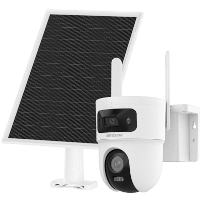 Kit Solar IP All in One Doble Lente / AOV / PT IP 4 Megapixel Lente 4 mm / Fijo 4 Megapixel Lente 2.8 mm / Panel Solar + Batería de Respaldo de Litio (9000 mAh) / Conexión 4G / Audio de Dos Vías / Dual Light / IP66 / Micro SD — HIKVISION · SKU DS2CFSP8D/4G