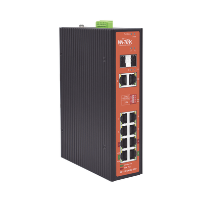 Switch PoE Industrial No administrable / Puertos 1-2 PoE 802.3 af/at y PoE 24 Vcc Pasivo 30W / Puertos 3-4 PoE 802.3 af/at/bt Hasta 60W / Puertos 5-8 PoE 802.3 af/at Hasta 30W / Los 8 puertos son Gigabit + 2 SFP combo / Presupuesto 300W — WI-TEK · SKU WI-PS310GF-I-V2