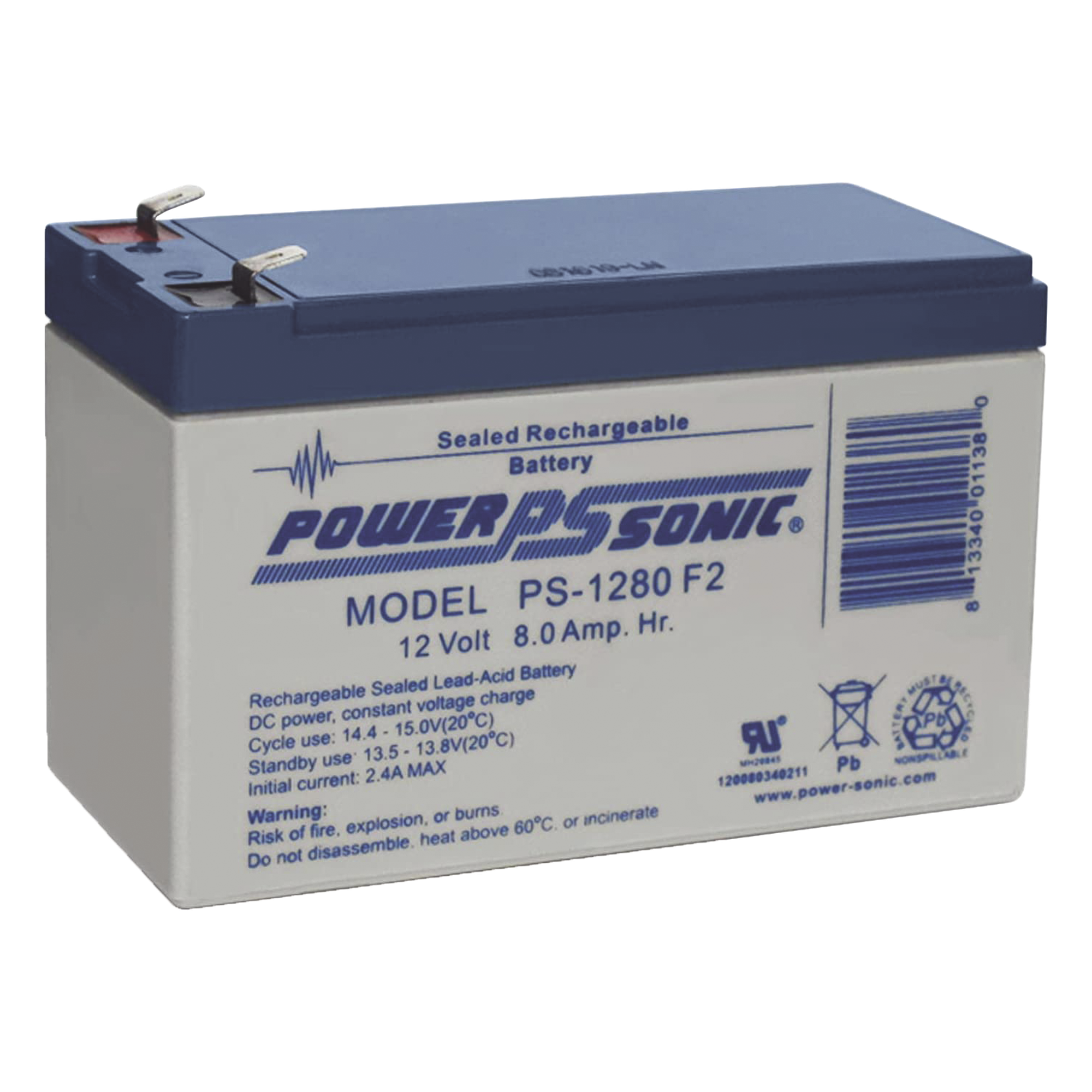 Batería 12V, 8AH, Para Respaldo, Tecnologías AGM/VRLA, 5 Años Vida Útil, Terminales F2, Reconocida UL — POWER SONIC · SKU PS-1280-F2