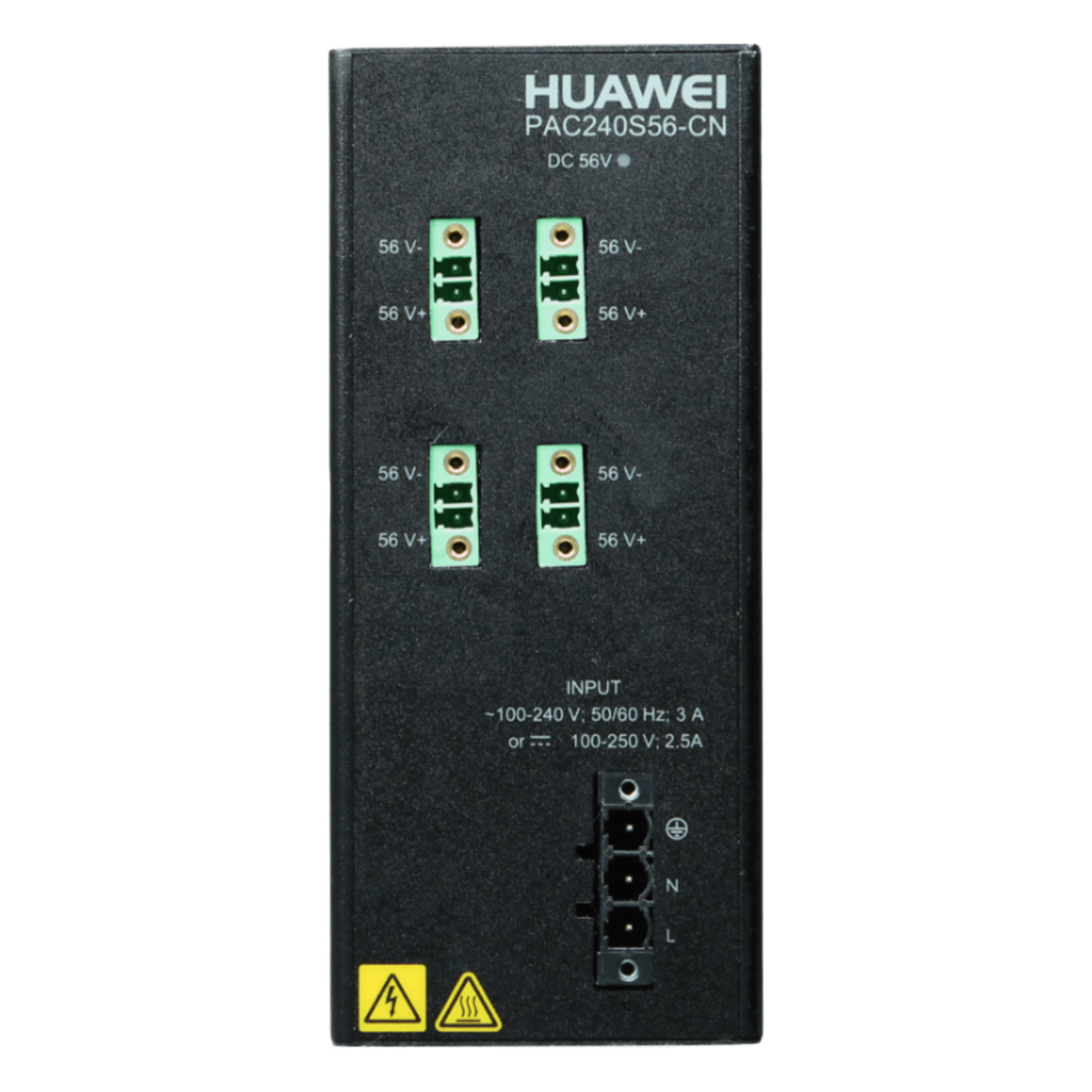 Fuente de alimentación para Riel DIN / Entrada 100-240 VCA / Salida 56 VCD / 240 W / Para Switch S210I-8P4SX — HUAWEI · SKU PAC240S56-CN