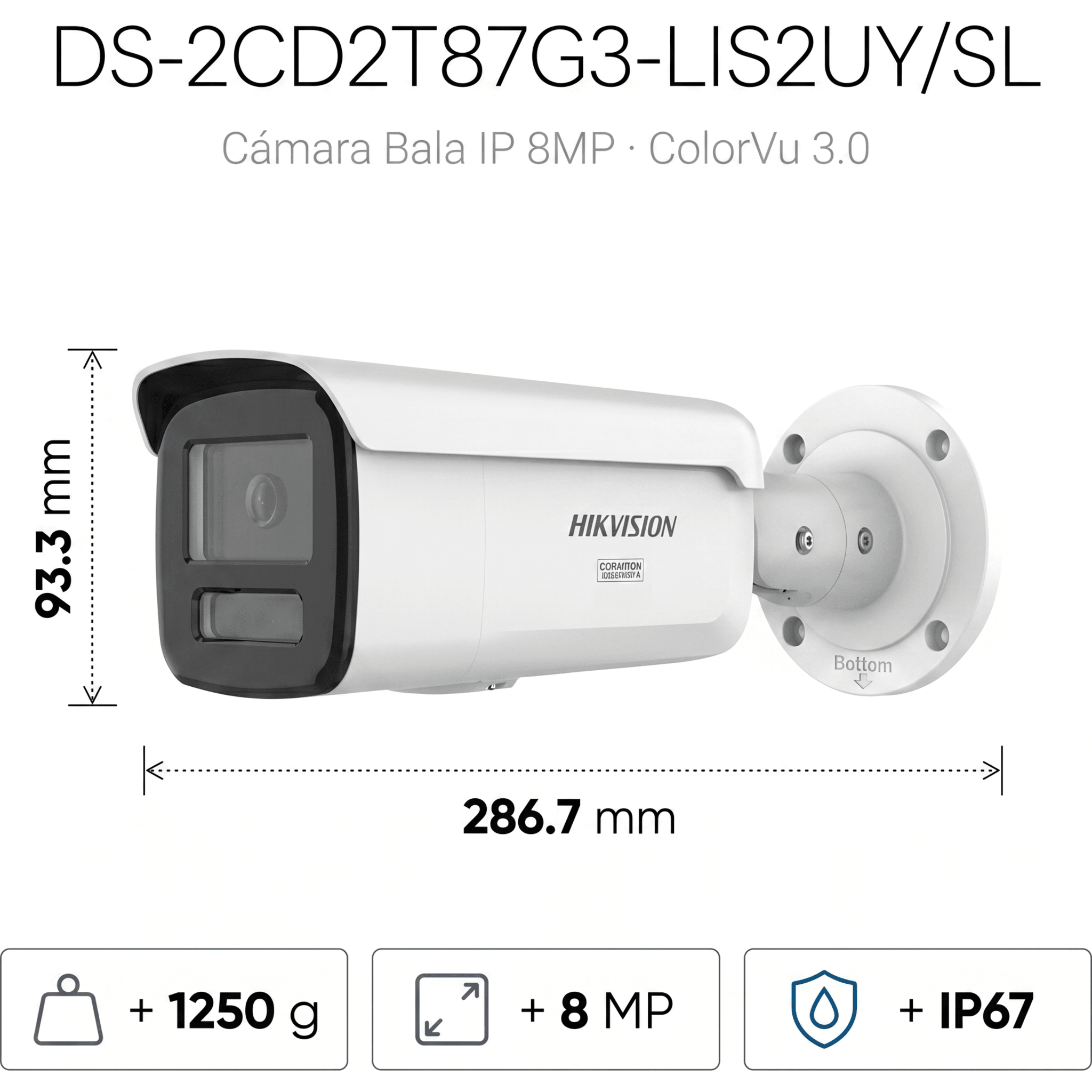 [Dual Light + ColorVu 3.0 + HikAI] Bala IP 8 Megapixel / Lente 4 mm / 60 mts IR + Luz Blanca / Exterior IP67 / Estrobo Luz Blanca / WDR 130 dB / ACUSENSE 3.0 / Metal / NEMA 4X / ACUSEEK