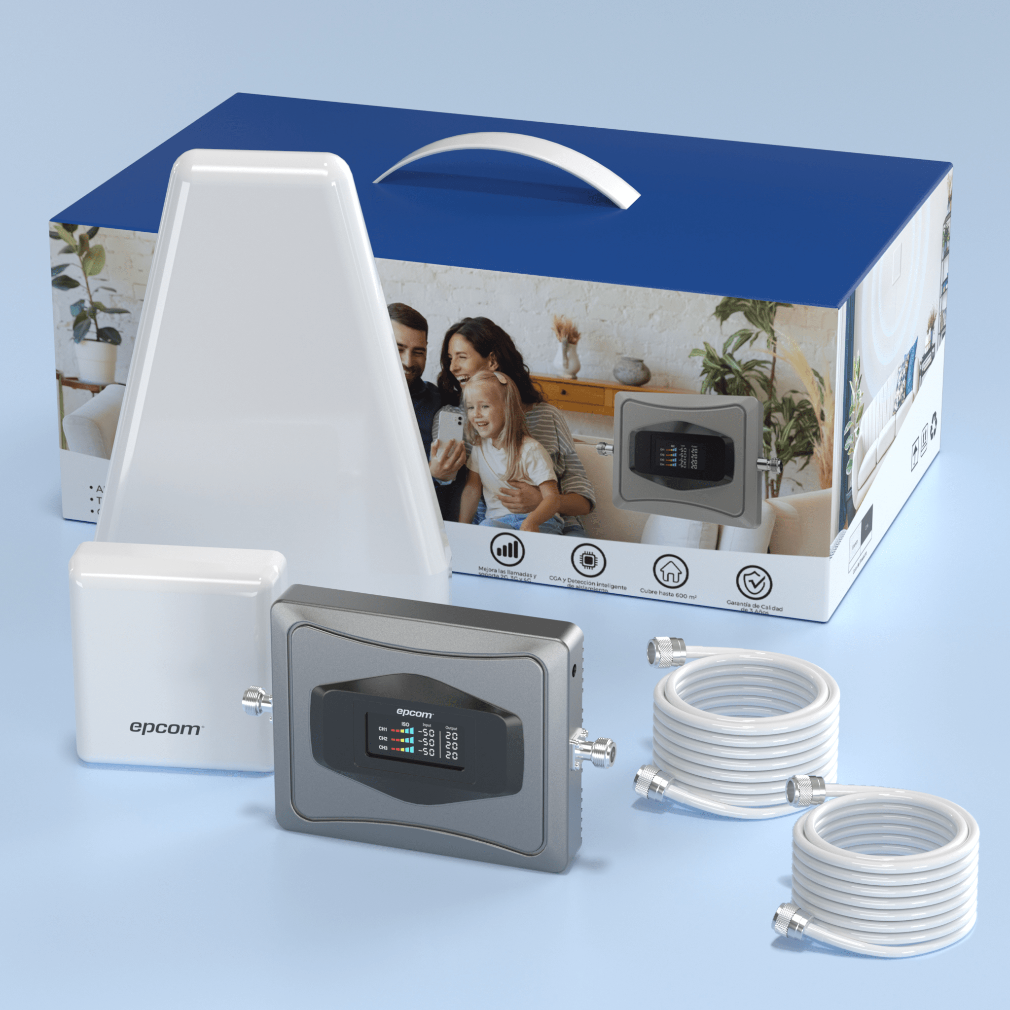 Kit Amplificador de Señal Celular 4G / Mejora las llamadas convencionales y VoLTE / Soporta los datos de las tecnologías 2G, 3G y 4G de TELCEL, AT&T y MOVISTAR / Cubre hasta 600 m2.