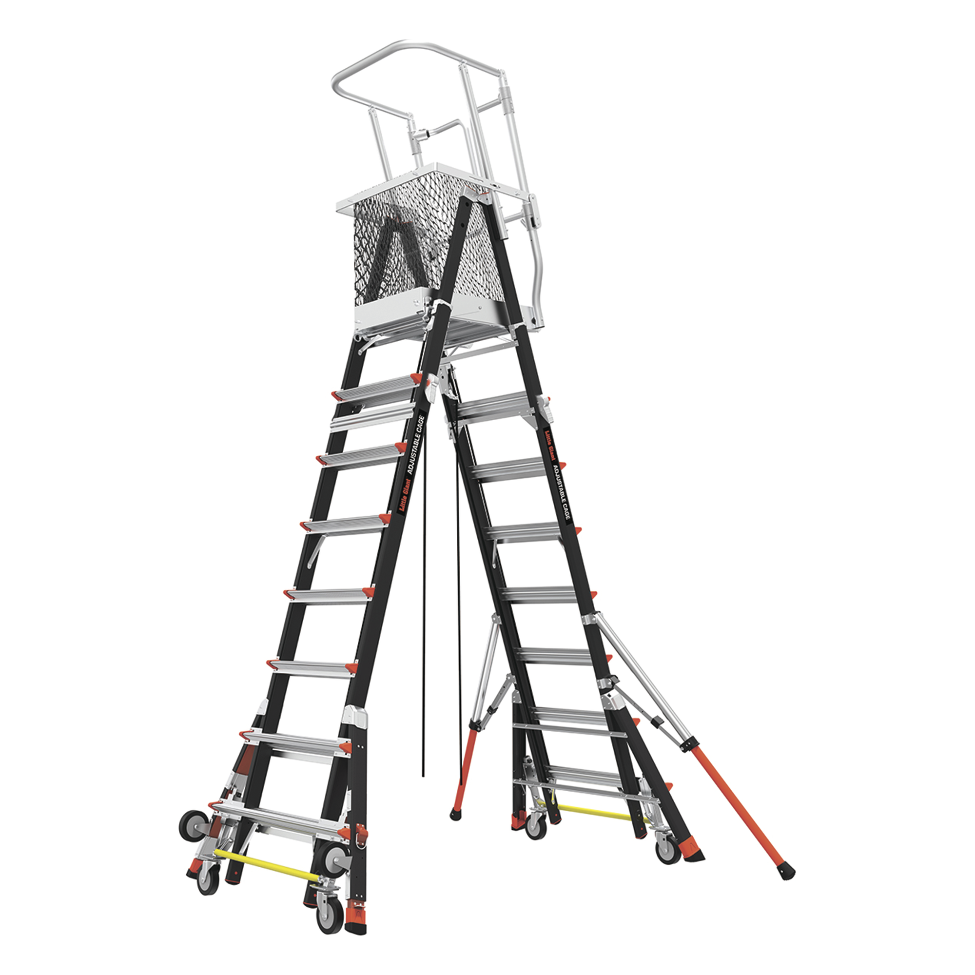 Escalera de Fibra de Vidrio con Jaula de 8'-14' (2.44 - 4.27 m). Con Ajuste en Ruedas (RATCHET™ Leveler) (SKU:18515-817).