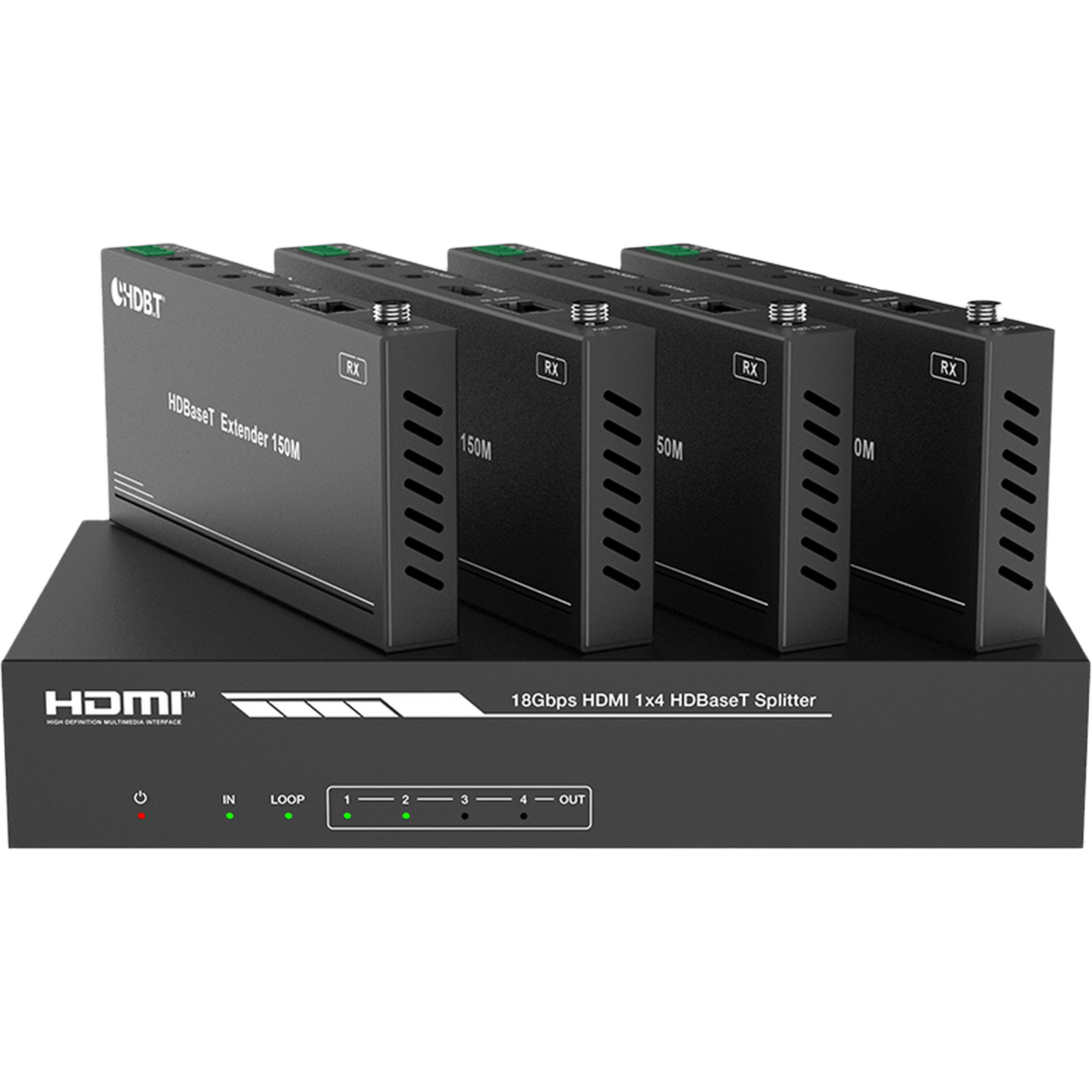 Splitter mas Extensor de Video | 1x4 | ProAV | HDBaseT™ | 120m en 4K@60Hz | 150m en 1080p@60Hz | Cat6/6a/7 | Gestión Avanzada EDID | Control IR y RS232 | PoC | Salida de Audio