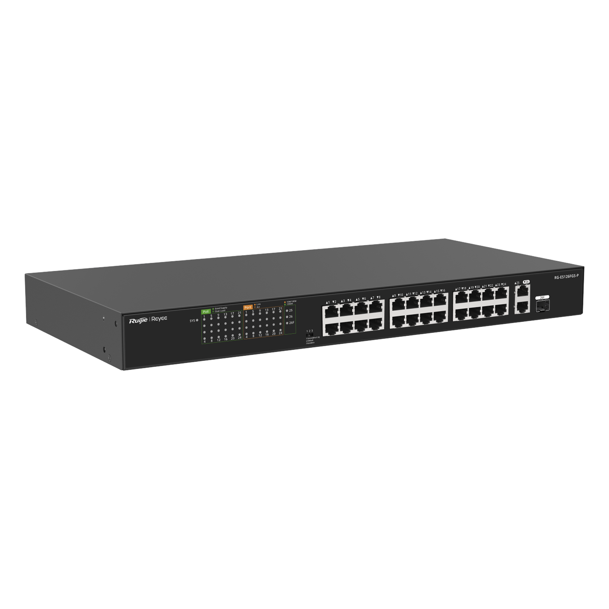 Switch PoE+ No Administrable / 24 Puertos 10/100 PoE+ / 2 Uplinks Gigabit / 370W PoE / 8.8 Gbps / 1.44 ft x 0.70 ft x 0.14 ft — RUIJIE · SKU RG-ES126FGS-P