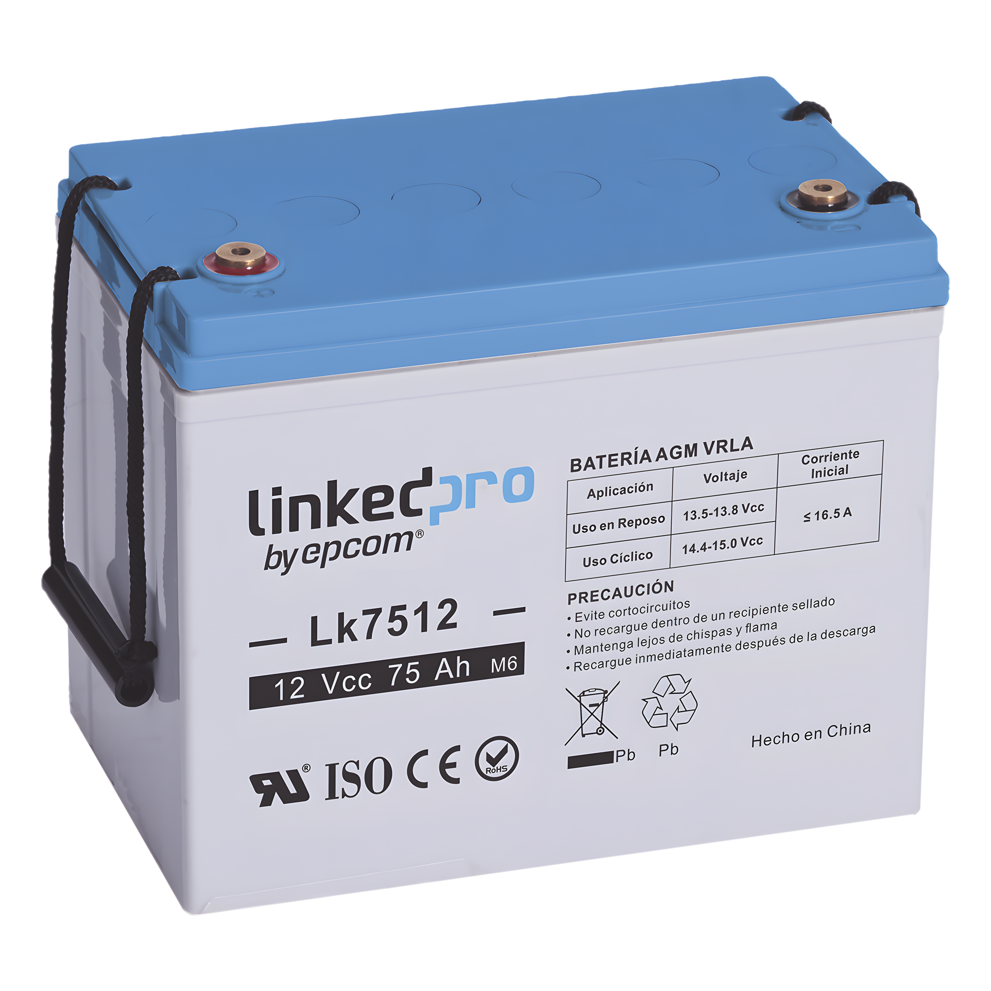 Batería de respaldo 12 V | 75 Ah | AGM | Especial para equipo electrónico | UPS | Sistemas de Emergencia | Aplicaciones Fotovoltaicas | Terminales T3 — LINKEDPRO BY EPCOM · SKU LK7512
