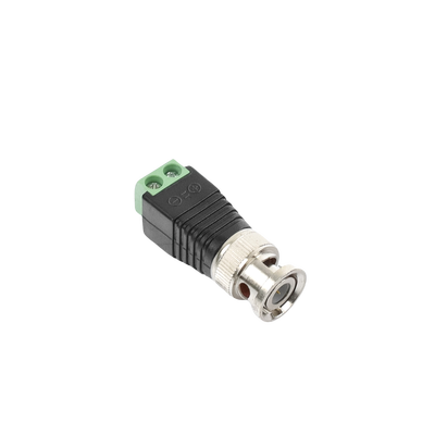 Adaptador de conector BNC macho a 2 terminales-tornillo para cables AWG-26-14, en aplicaciones Video Vigilancia, Níquel/ Oro/ PTFE y PVC.