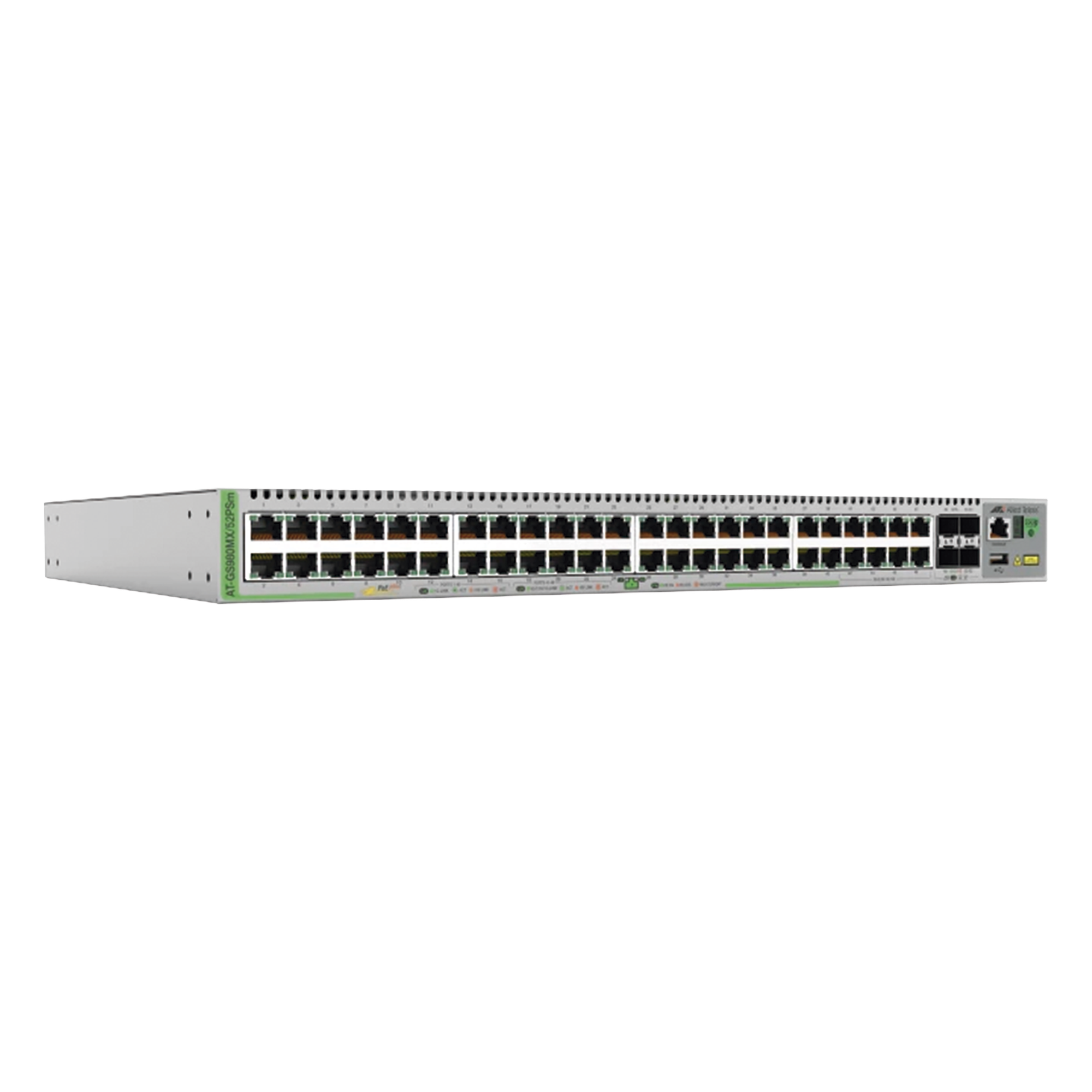 Switch L3 Stackable, 40x 10/100/1000-T PoE+ , 8x 100M/1G/2.5G/5G-T PoE+, 4x SFP+ Ports, 370W — ALLIED TELESIS · SKU AT-GS980MX/52PSM-10