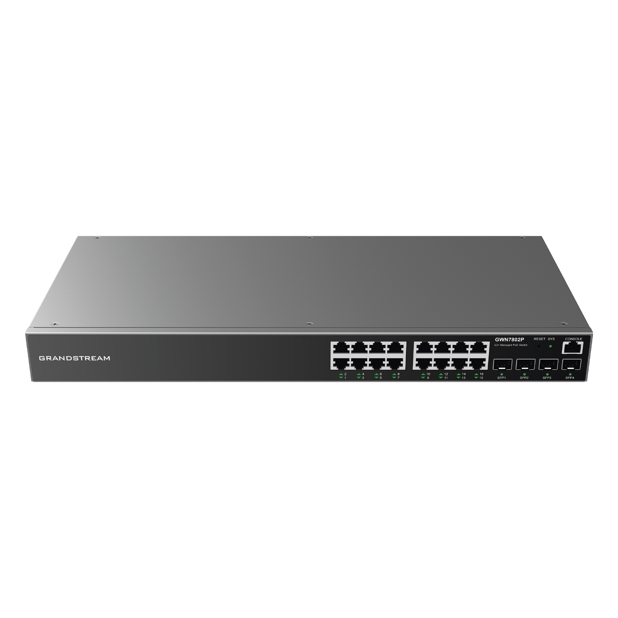 Switch PoE+ Administrable / 16 Puertos Gigabit / 4 SFP Uplink / 240W / 40 Gbps — GRANDSTREAM · SKU GWN7802P