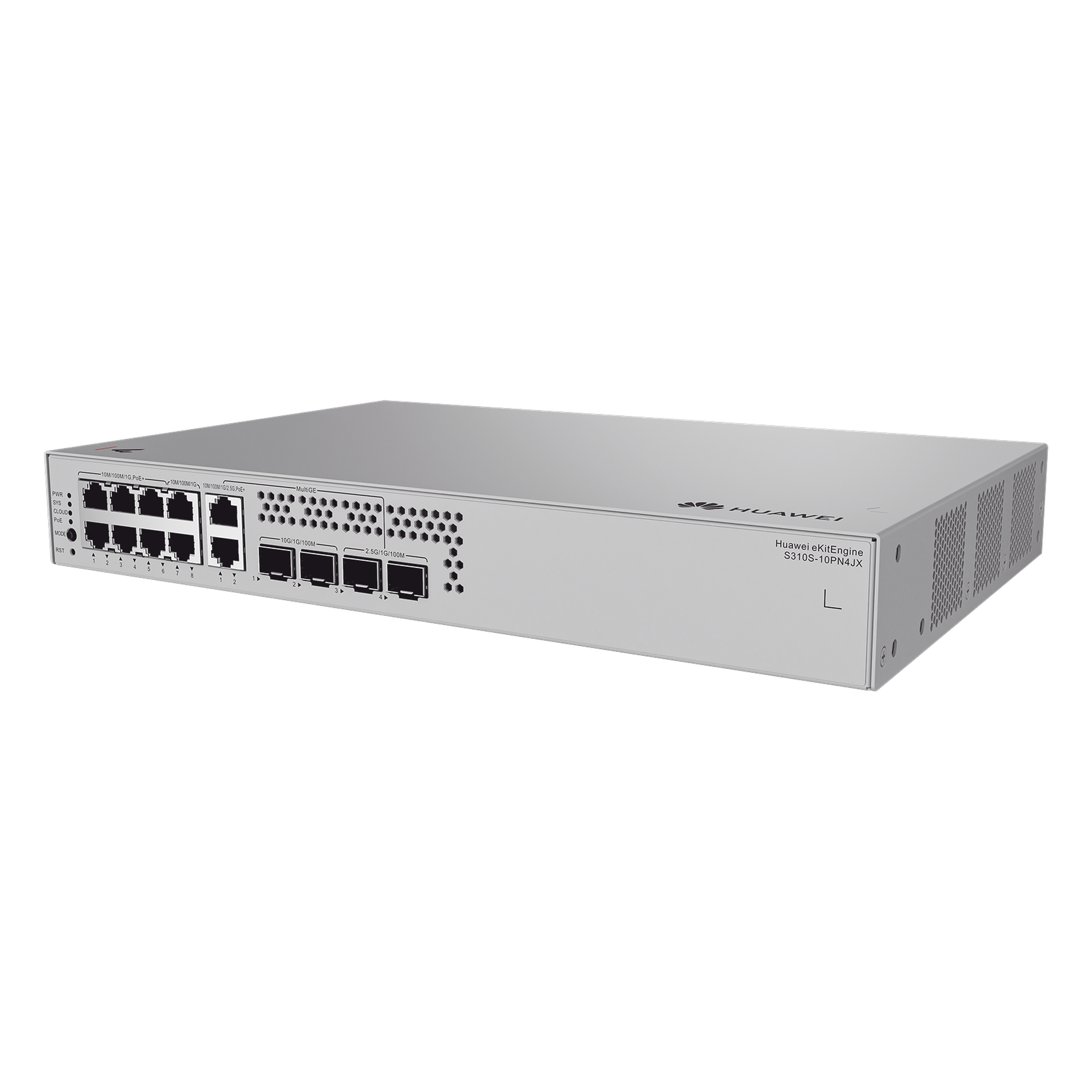 Switch de Acceso eKit Administrable  / Capa 2+ / 6 Puertos PoE+ Gigabit + 2 Puertos PoE+ Multi-Gigabit (2.5 Gbps) + 2 Puertos Gigabit + 2 Puertos SFP + 2 Puertos SFP+ / PoE Perpetuo / Presupuesto PoE 128 W / Sin licenciamiento — HUAWEI · SKU S310S-10PN4JX