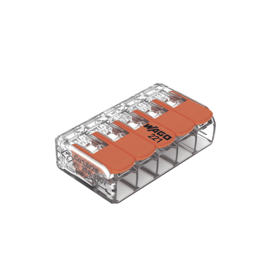 Borna de Conexión / 5 Conductores / 4 mm² Máximo / Palanca Naranja / Transparente / 32A 450V / UL JET ENEC / CAGE CLAMP® / T85 — WAGO · SKU 221-415