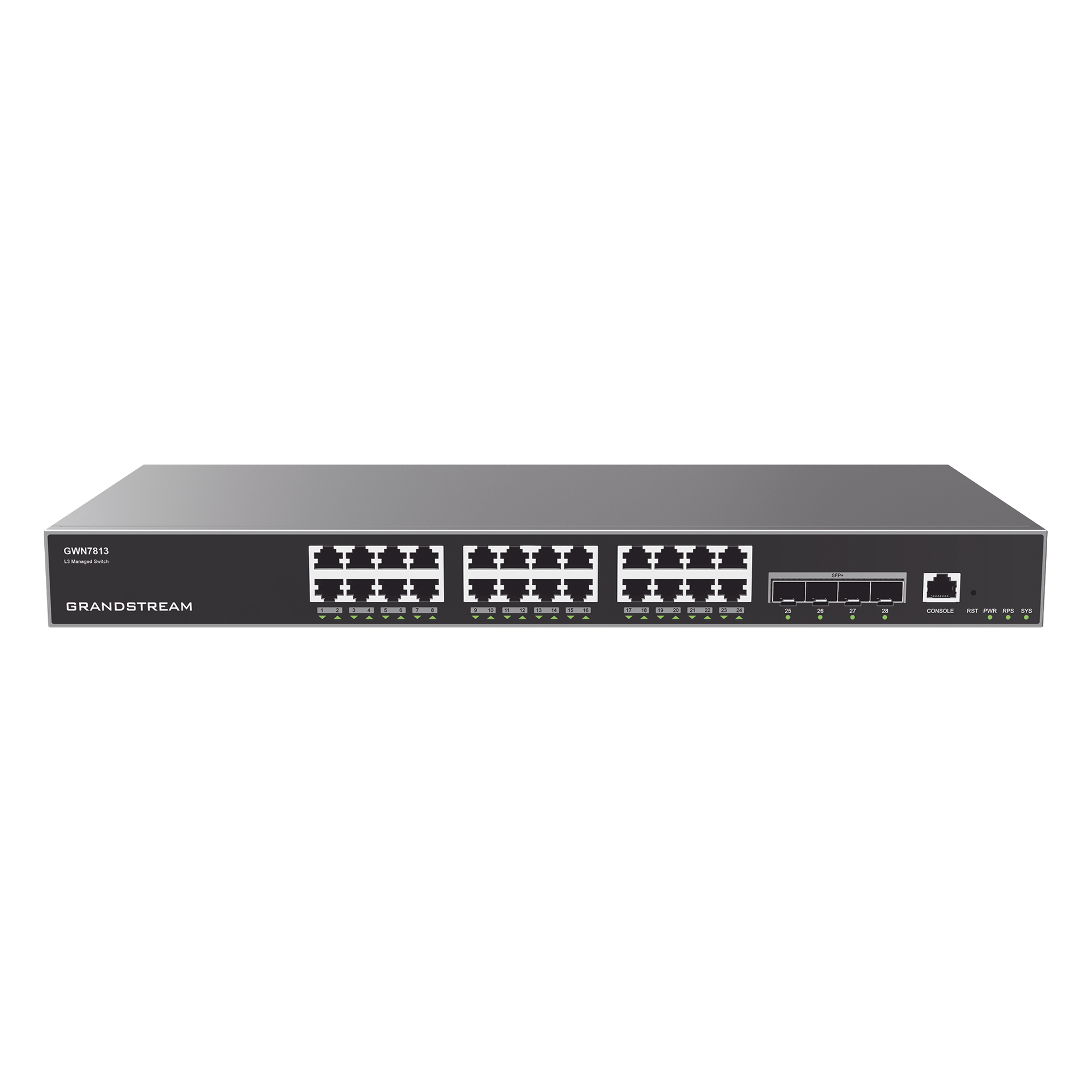 Switch Capa 3 Administrable / 24 puertos 10/100/1000 Mbps + 4 Puertos SFP+ de 10 Gigabits / Compatible con GWN Cloud. — GRANDSTREAM · SKU GWN7813