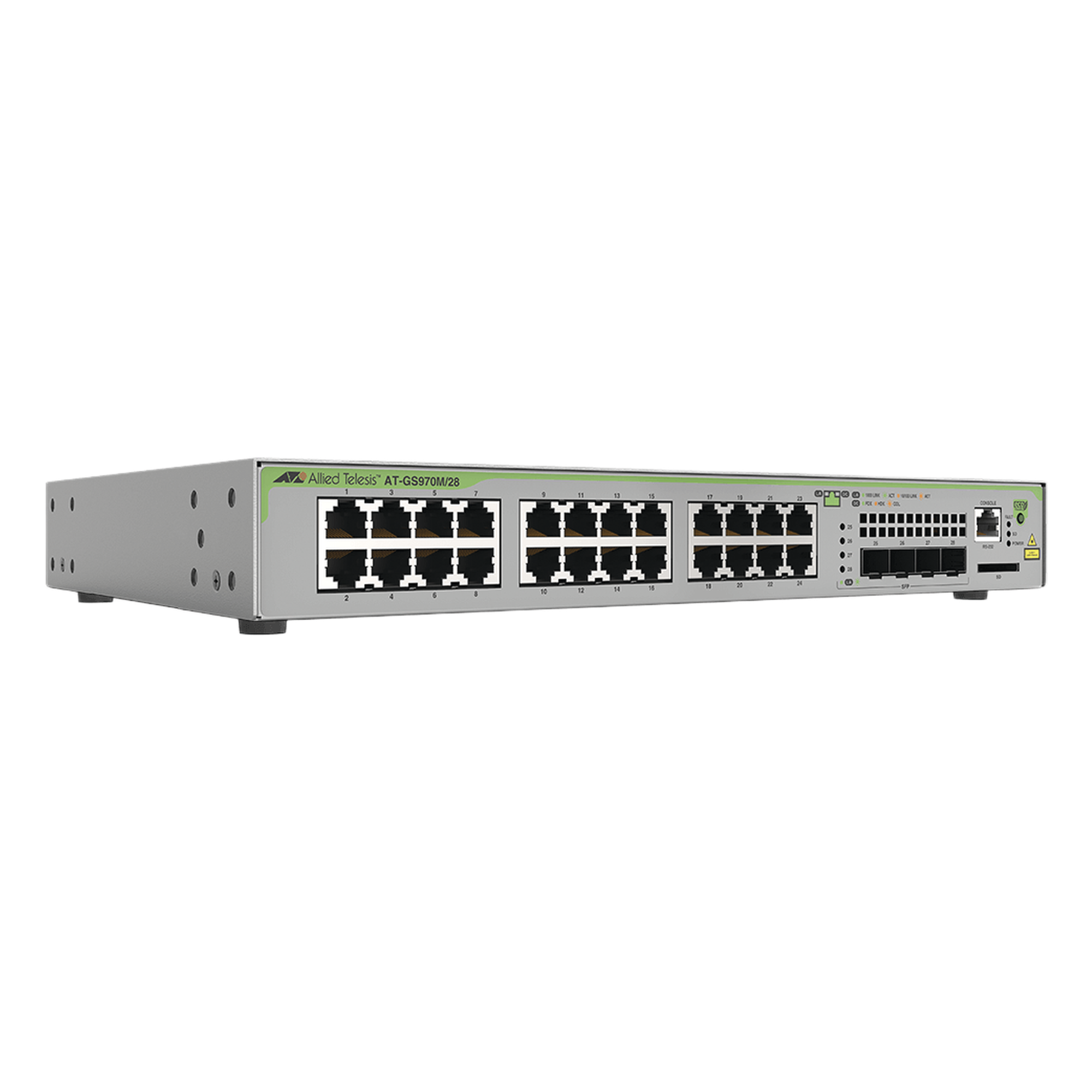Switch Administrable CentreCOM GS970M, Capa 3 de 24 Puertos 10/100/1000 Mbps + 4 SFP Gigabit — ALLIED TELESIS · SKU AT-GS970M/28-10