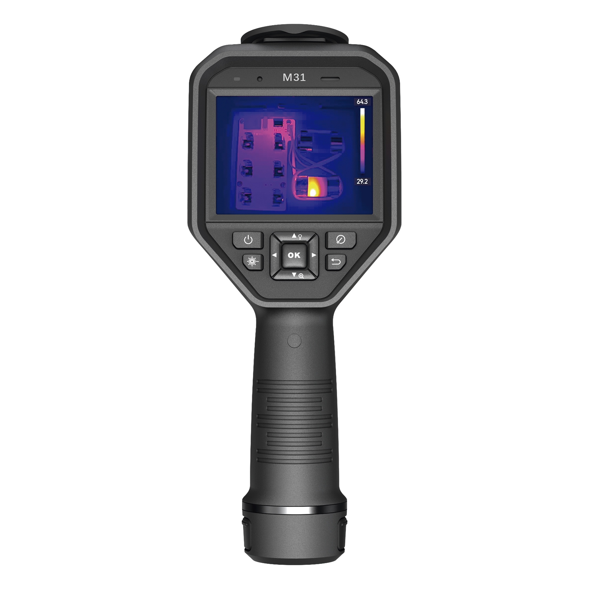 M31 - Cámara Termográfica Portátil Dual / Lente Térmico 9.7 mm (384 x 288) / Lente Óptico (8 Megapixel) / WiFi / IP54 / Ranura MicroSD hasta 64 Gb / Hasta 5 Horas de Funcionamiento Continuo — HIKMICRO · SKU HM-TP23-7QF/W-M31