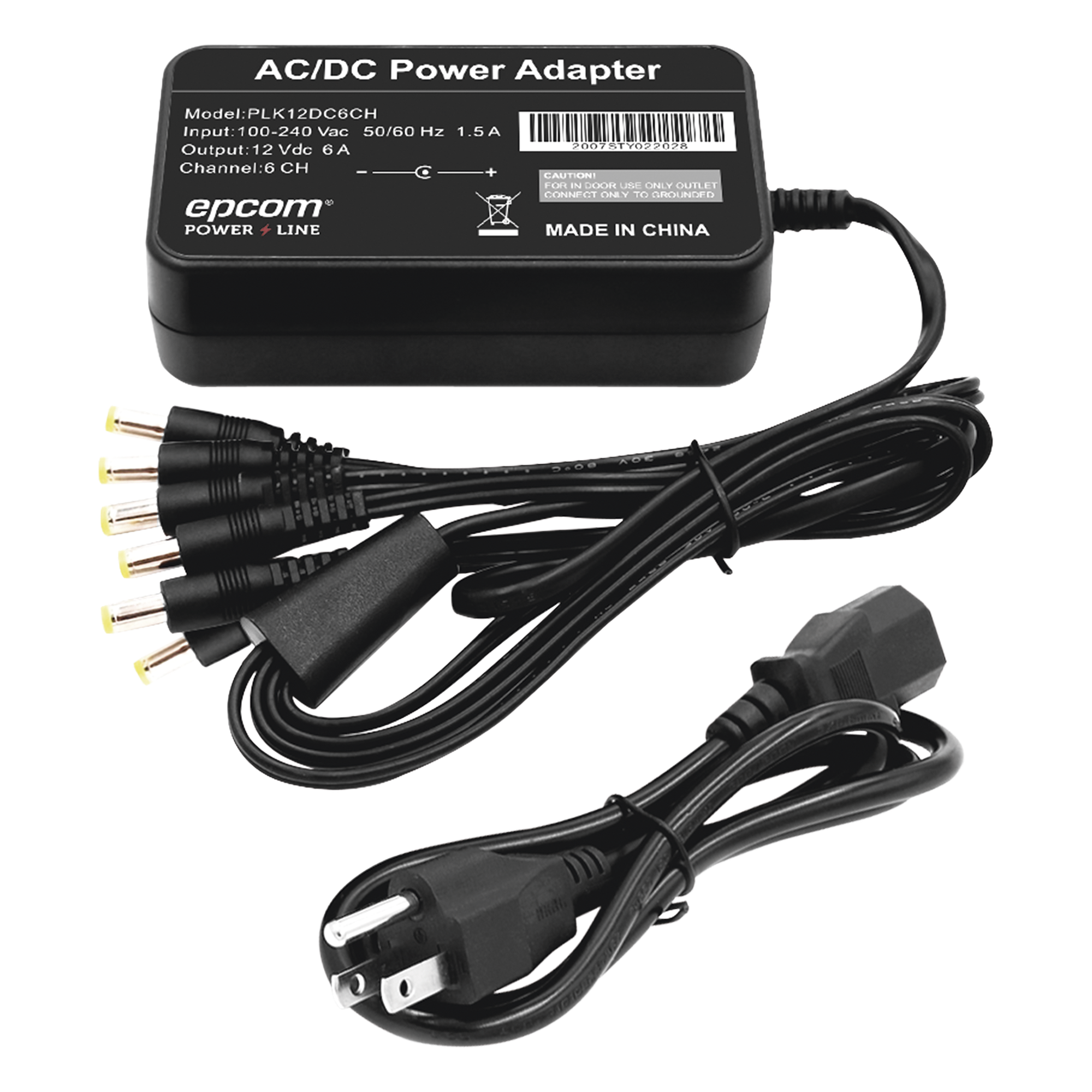 Fuente de Poder de 6 Salidas tipo Jack Macho de 12 Vcc / 6 Amper — EPCOM POWERLINE · SKU PLK12DC6CH