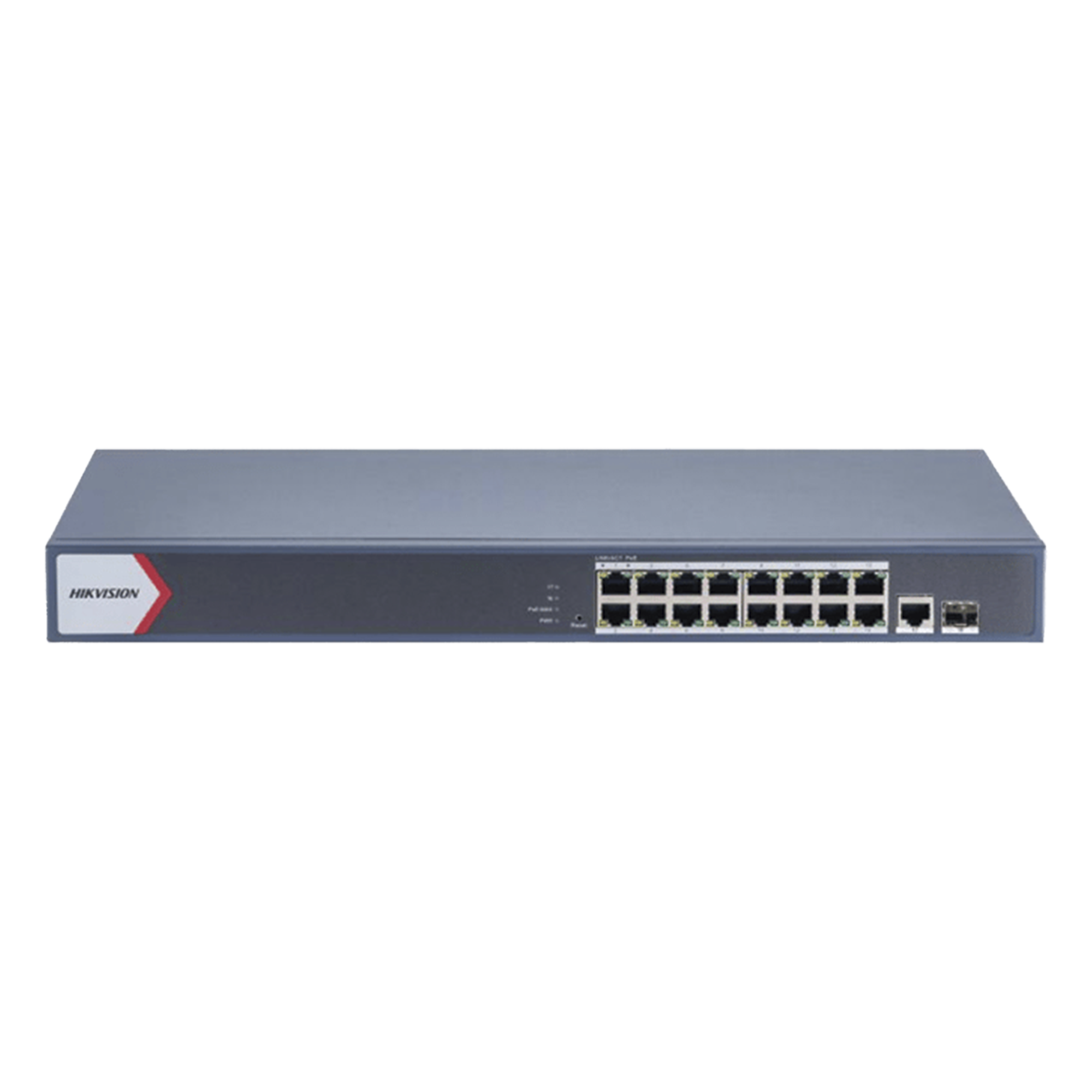 Switch Gigabit PoE+ / Monitoreable / 16 Puertos 1000 Mbps PoE+ / 1 Puerto 1000 Mbps de Uplink / 1 Puerto SFP / Configuración Nube desde Hik-PartnerPro / Modo Extendido hasta 300 Metros / 130 Watts — HIKVISION · SKU DS-3E1518P-EI/M