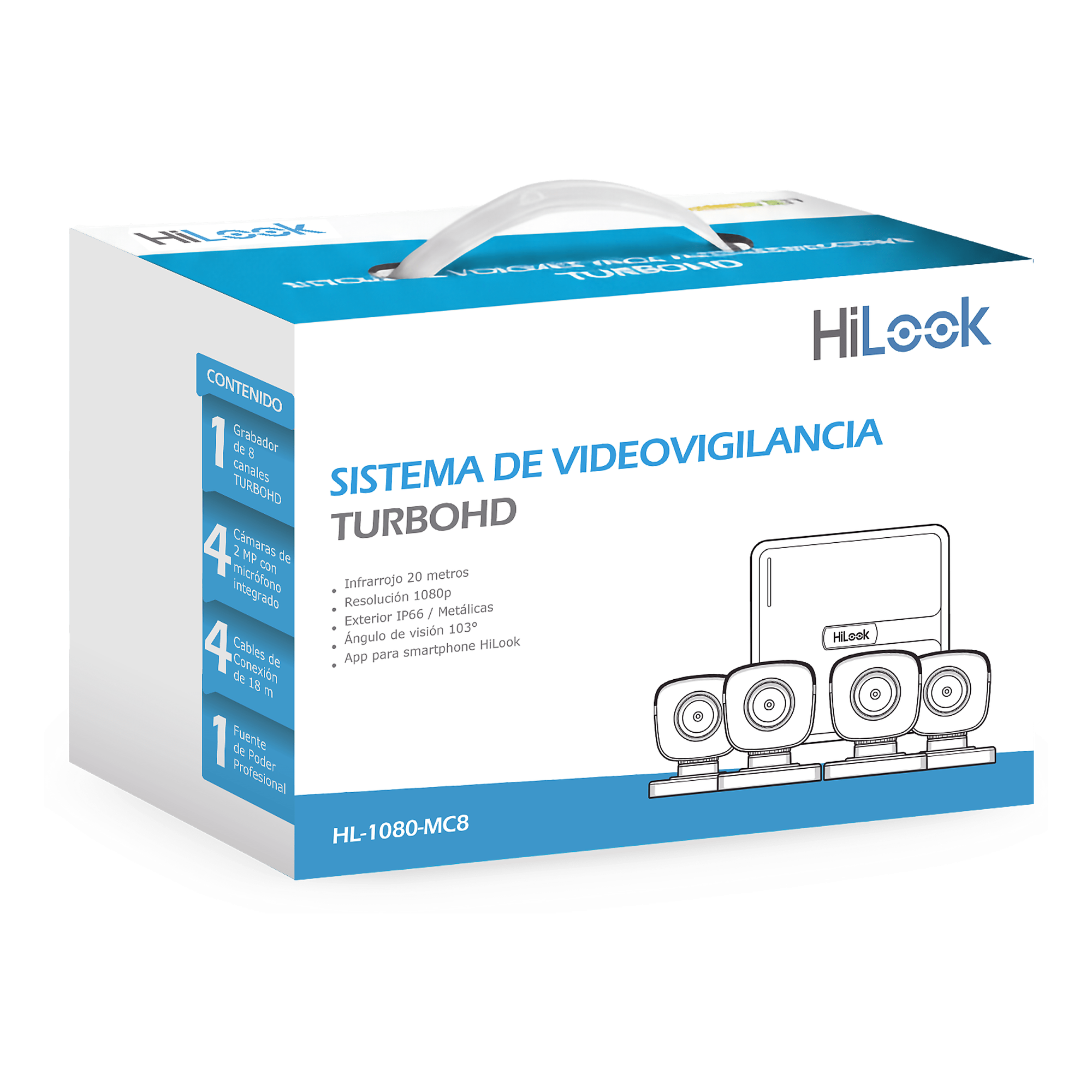 KIT TurboHD 1080p / DVR 8 canales con H.265+ / 4 Cámaras Bala Metálicas / Fuente de Poder / Accesorios de Instalación — HiLook by HIKVISION · SKU HL-1080-MC8