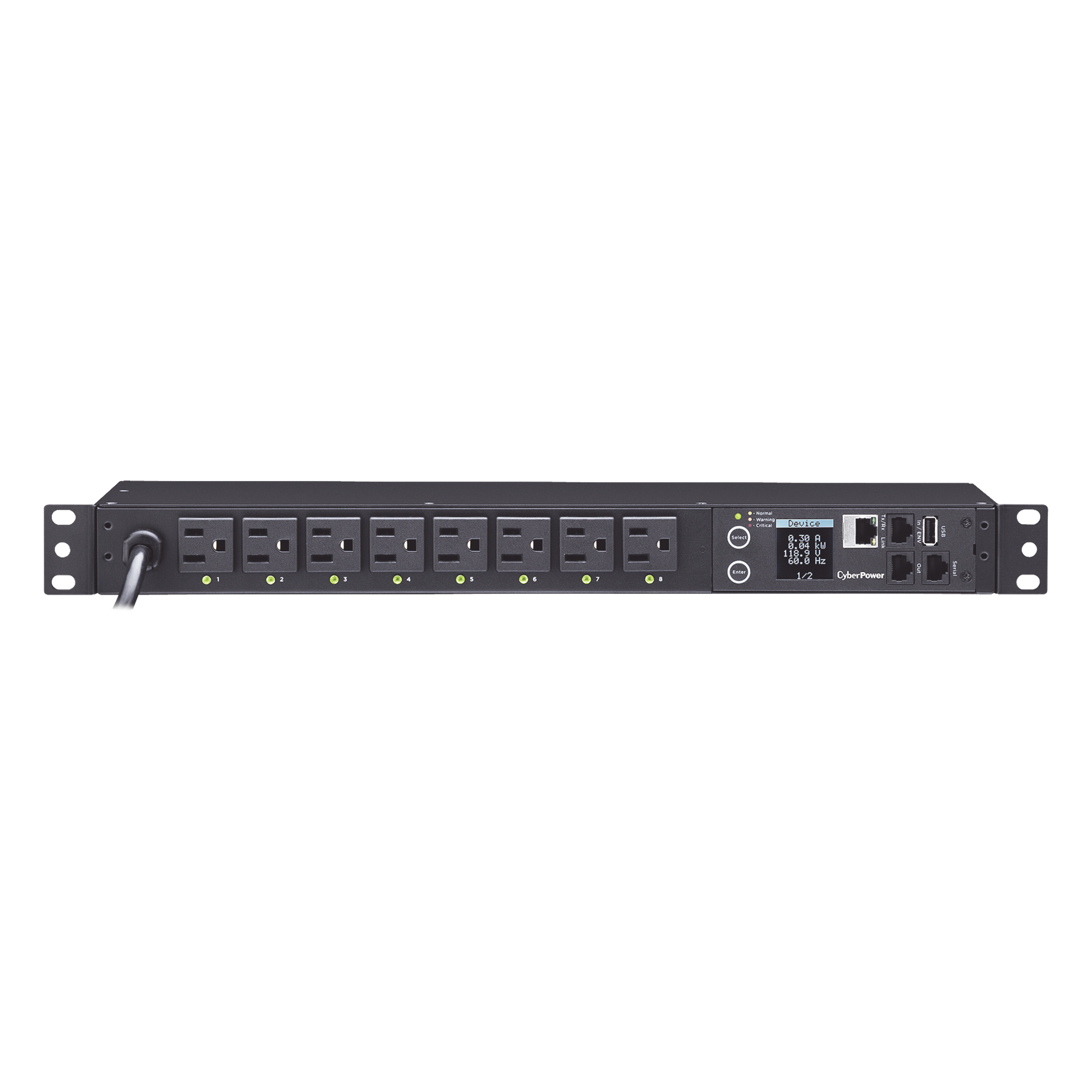 PDU Switchable por Toma, Para Distribución de Energía, Entrada 120 Vca NEMA 5-15P, Con 8 Salidas NEMA 5-15R, Horizontal 19in, 1UR