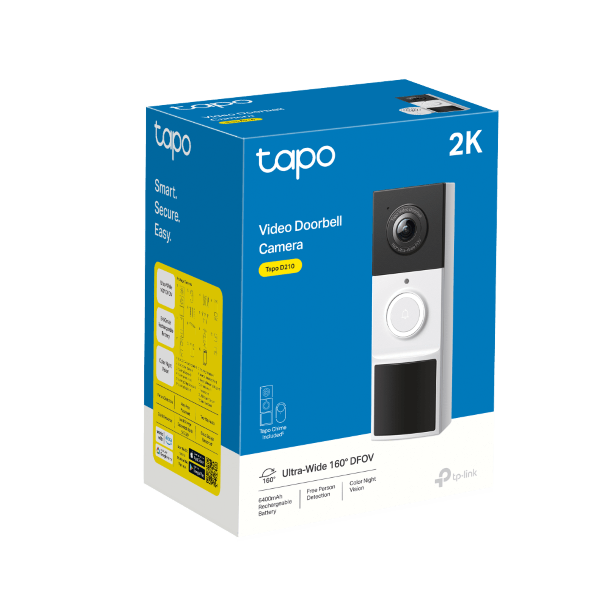 Videoportero Inalámbrico TP-Link Tapo D210 / Resolución 2K 3MP (2304 × 1296px) / Campo de Visión 160° DFOV / Batería 6400mAh Recargable / Detección IA Personas-Vehículos / Visión Nocturna Color / 