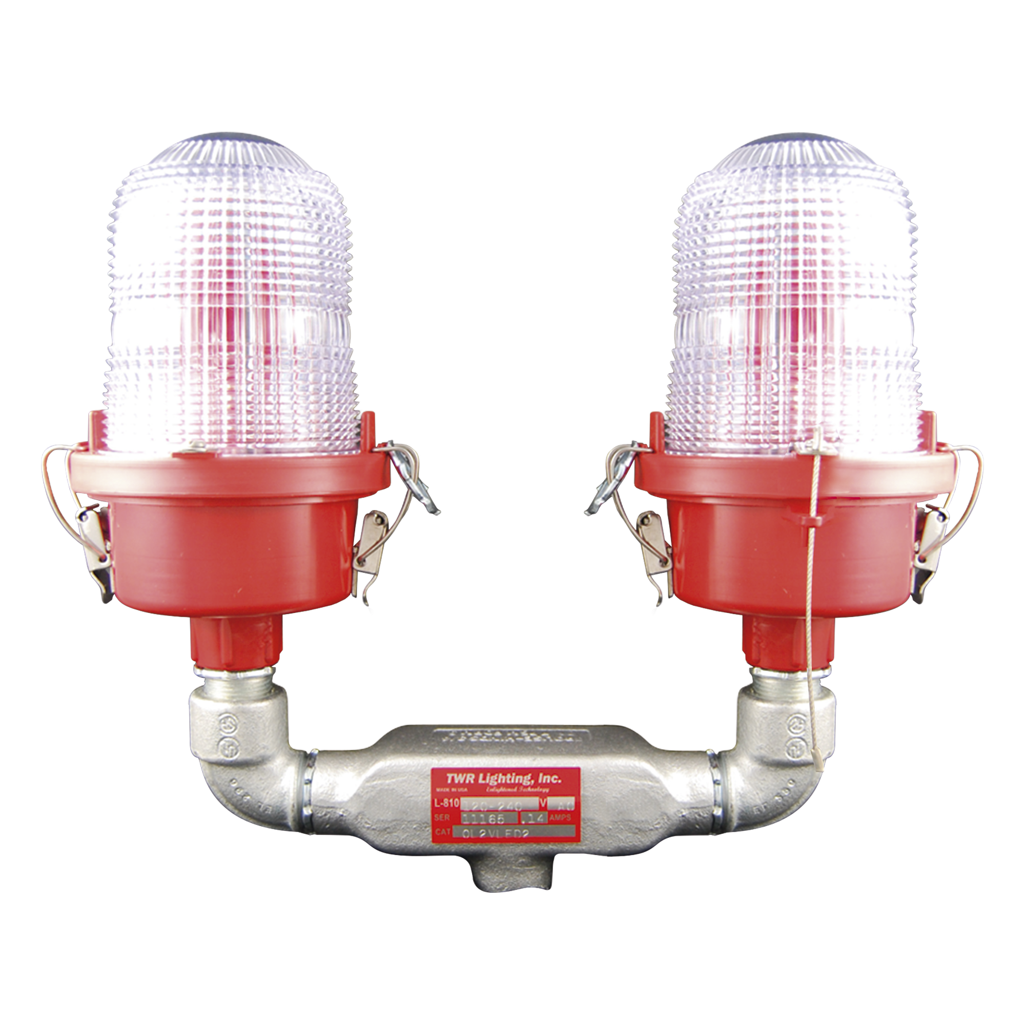 Lámpara de Obstrucción Roja Certificada/ Luz Fija Tipo L-810 Doble LED/ 120 - 240 Vca/ Luz Infraroja — TWR · SKU OL2-VLED2-IR