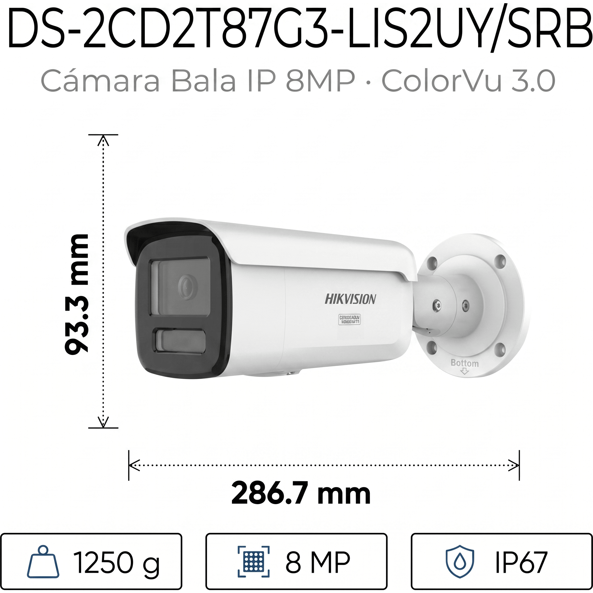 [Dual Light + ColorVu 3.0 + HikAI] Bala IP 8 Megapixel / Lente 4 mm / 60 mts IR + Luz Blanca / Exterior IP67 / Estrobo Azul y Rojo / WDR 130 dB / ACUSENSE 3.0 / Metal / NEMA 4X / ACUSEEK