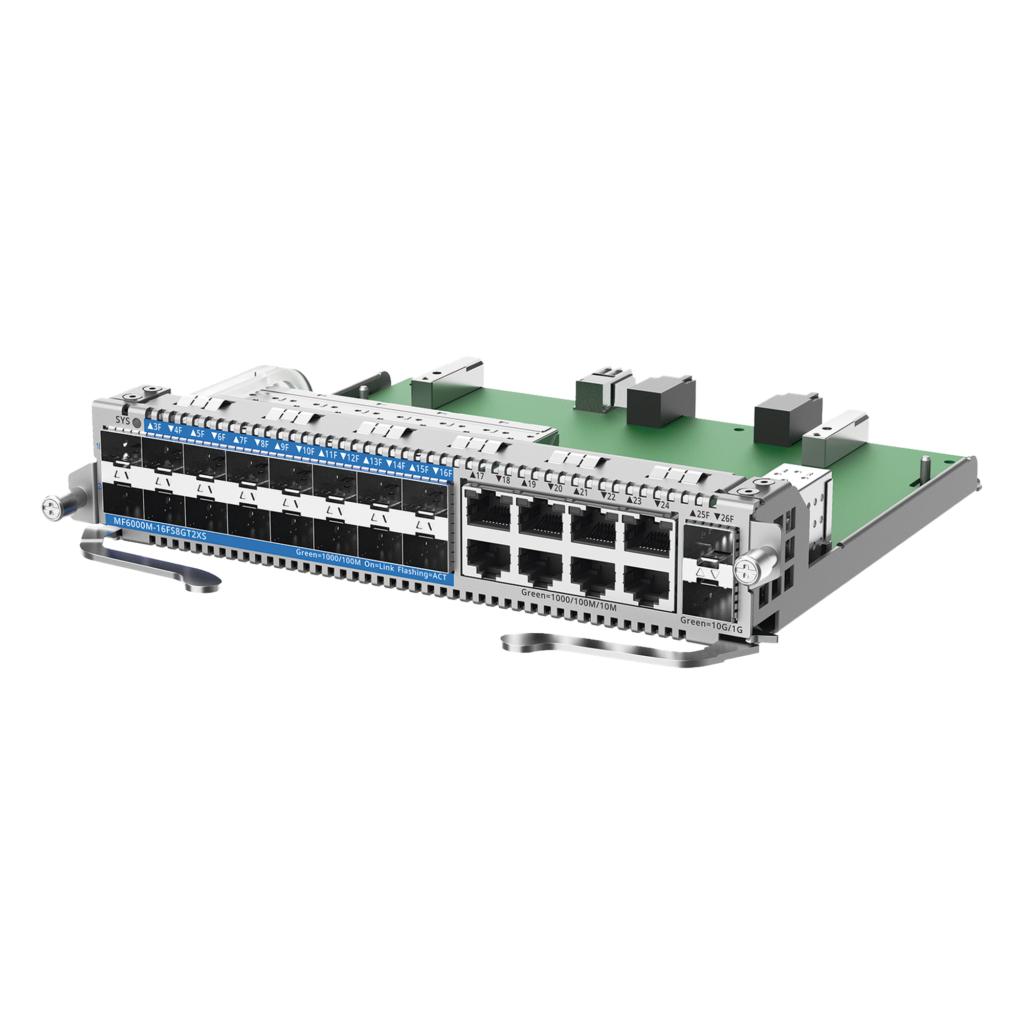 e-Lighten Tarjeta Modular para OLT modelo RG-NBF6002M, 16 puertos PON/SFP 1G, 8 puertos Ethernet de 1G y 2 puertos SFP+ 10G — RUIJIE · SKU MF6000M-16FS8GT2XS