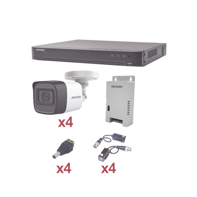KIT TurboHD 1080p / DVR 4 Canales / 4 Cámaras Bala (exterior 2.8 mm) / Transceptores / Conectores / Fuente de Poder Profesional — HIKVISION · SKU KH1080P4BW