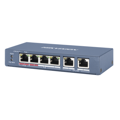 Switch PoE+ / No Administrable / 3 Puertos 10/100 Mbps 802.3 af/at (30 W) + 1 Puerto 10/100 Mbps Hi-PoE (60 W) / 2 Puertos 10/100 Mbps Uplink / Modo Extendido hasta 300 Metros / 60 W — HIKVISION · SKU DS-3E0106HP-E