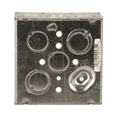 Caja Cuadrada Galvanizada de 4" x 4", profundidad de 2 1/8". Cuenta con 10 KO de 1/2" y 6 TKO (1/2" - 3/4"))