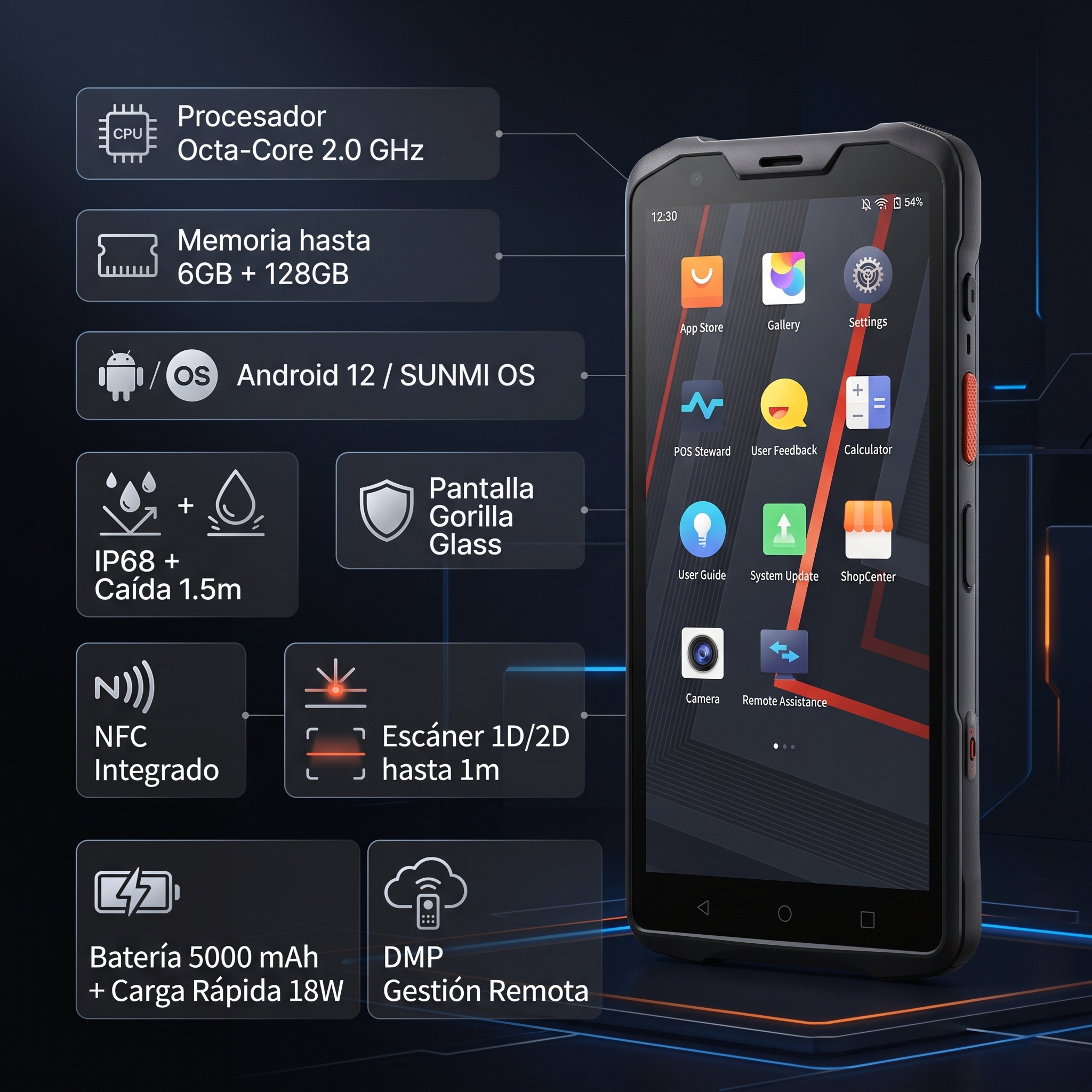 Terminal Móvil Industrial / Octa-Core 2.0 GHz / 4GB RAM 64GB / Escáner 1D/2D 1 m (3.3 ft) / NFC / IP68 / Pantalla 5.5" HD+ / Batería 5000 mAh — SUNMI · SKU L2SPRO