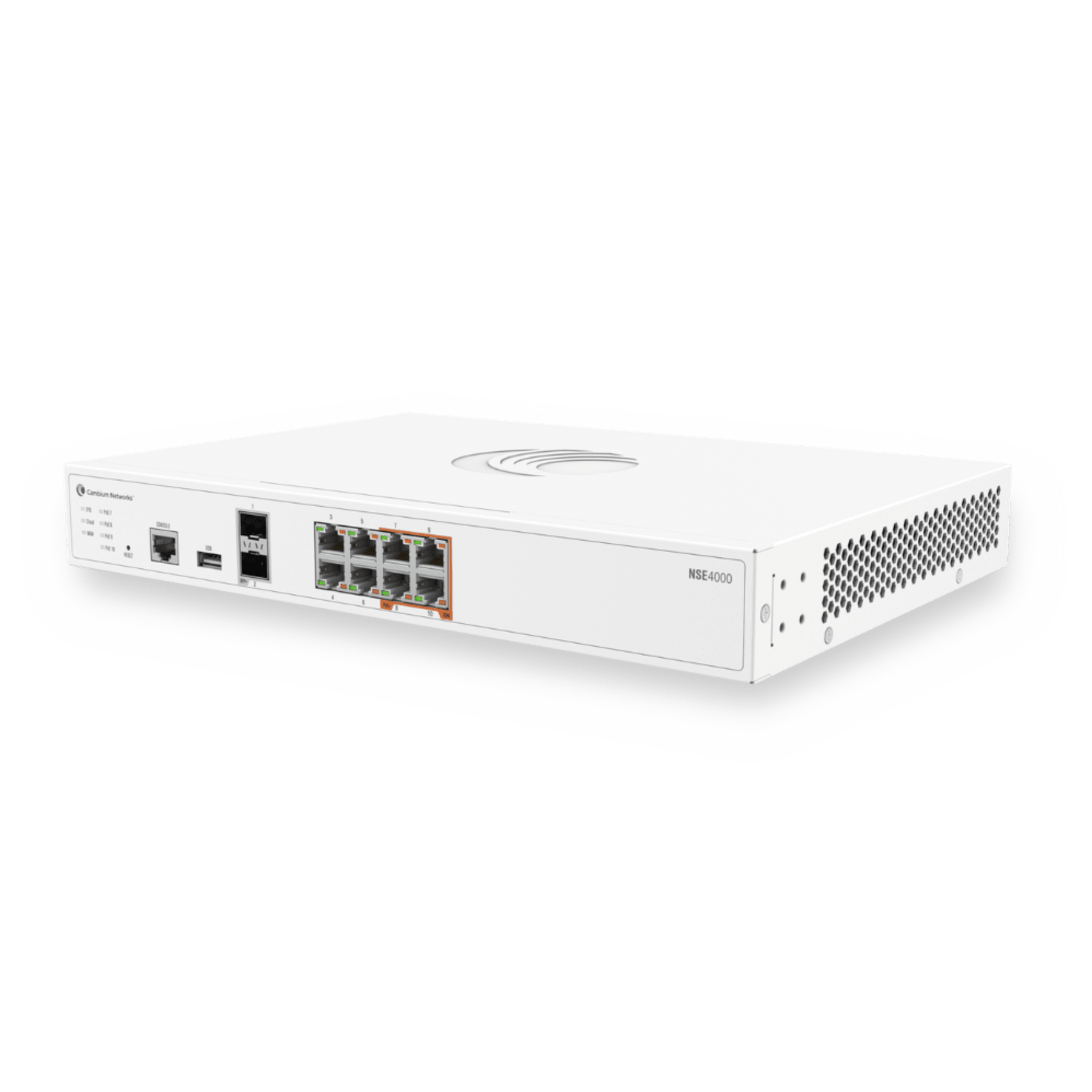Network Service Edge NSE 4000 / 10 Gbps Firewall Throughput / 2.5 Gbps Advanced Security Throughput / 8 x 2.5 GbE RJ45 / 2 x 10 GbE SFP+ / SD-WAN / VPN / Cloud Management cnMaestro — CAMBIUM NETWORKS · SKU NSE4000