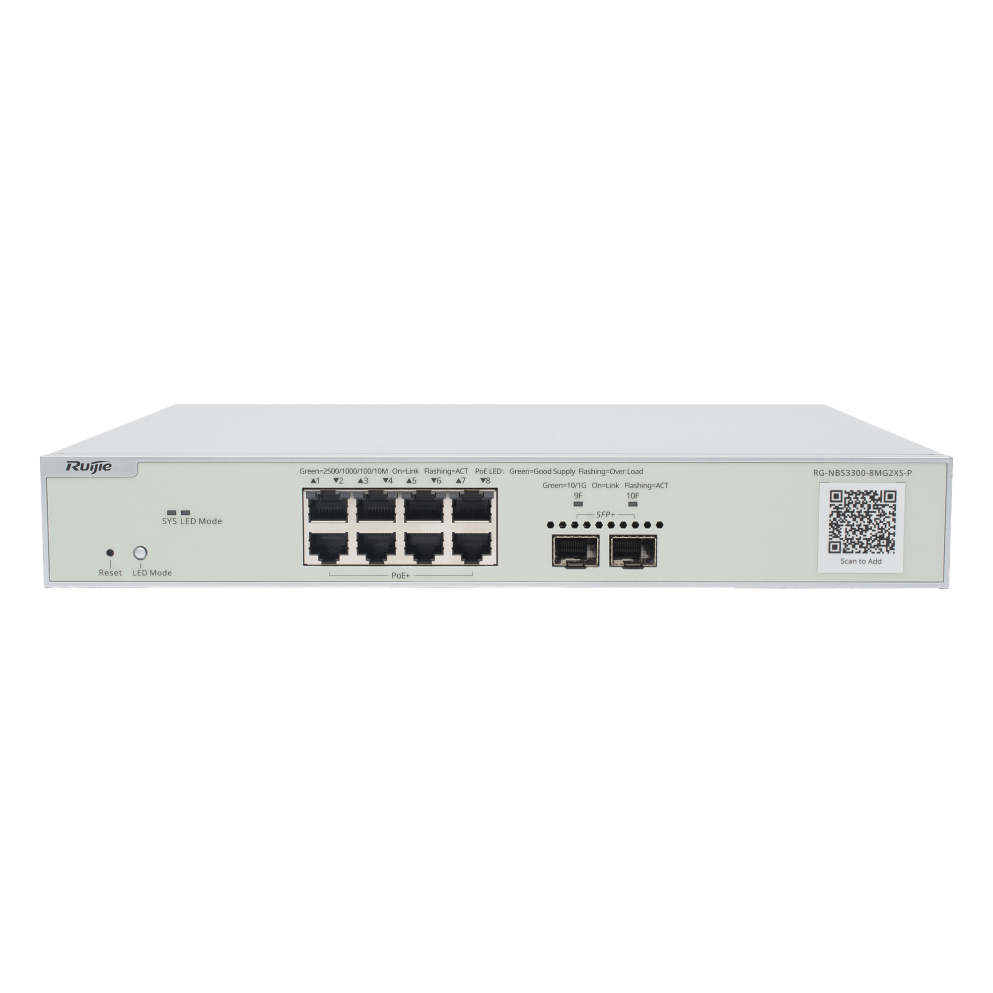 Switch Multi-Gigabit PoE+ Capa 2 con 8 Puertos 2.5G PoE+ hasta 240W y 2 Uplink SFP+ 10G ,Administrable Cloud, Diseñado Para Access Points WiFi 6/7 — RUIJIE · SKU RG-NBS3300-8MG2XS-P