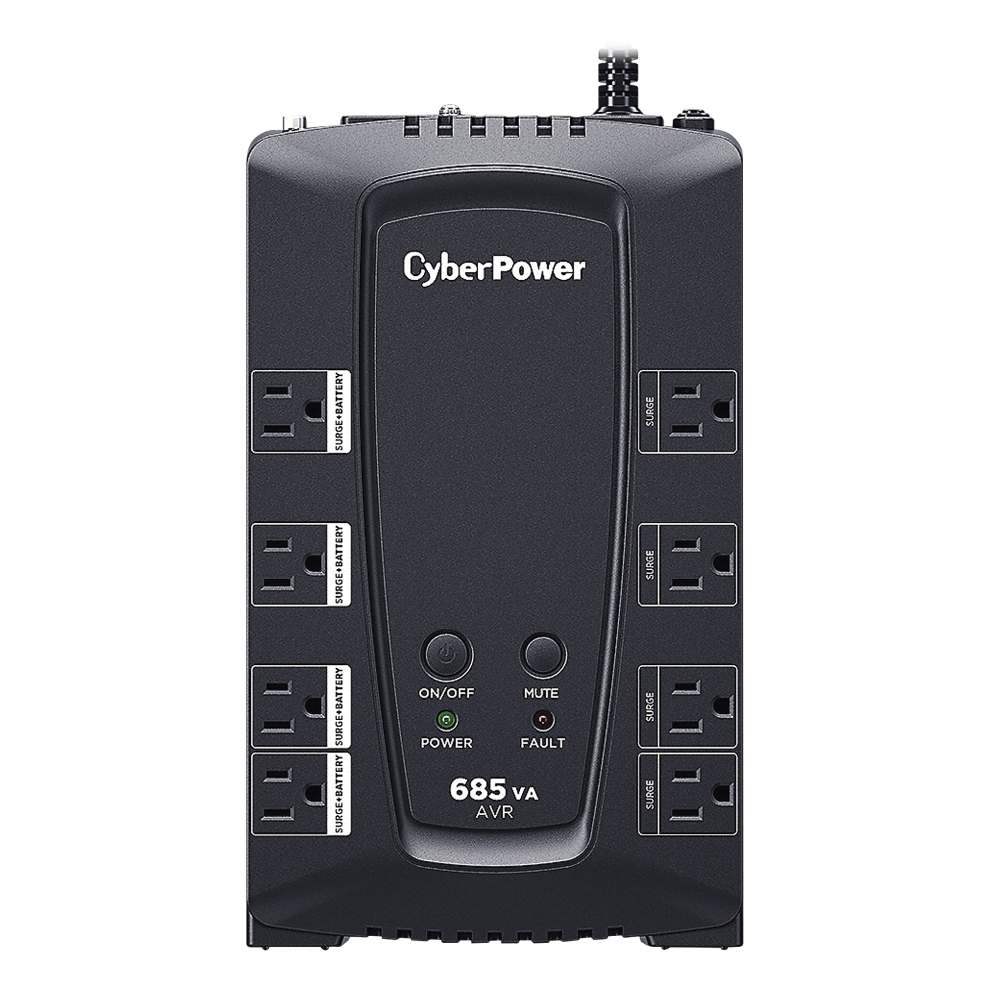 UPS de 685 VA/390 W, Topología Línea Interactiva, Entrada 120 Vca NEMA 5-15P, Tipo Gabinete Compacto, Con 8 Tomas NEMA 5-15R — CYBERPOWER · SKU CP685AVRG
