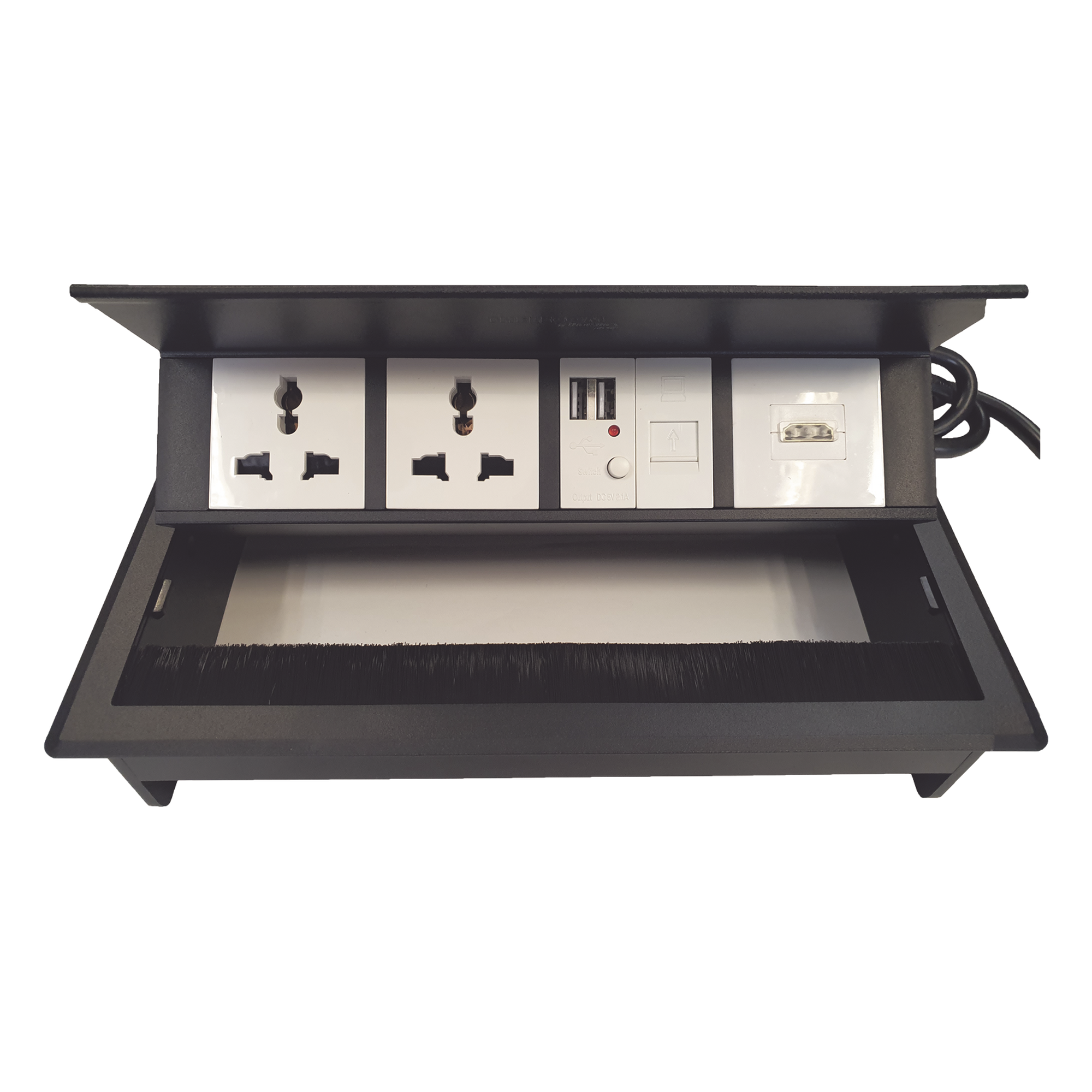 Caja Horizontal Tipo Hub para Escritorio Color Negro, con 1 Puerto HDMI Hembra-Hembra, 1 Puerto RJ45 Cat6, 2 Puertos USB (Solo Carga), y 2 Contactos Eléctricos Universales — THORSMAN · SKU THMC-HBOX