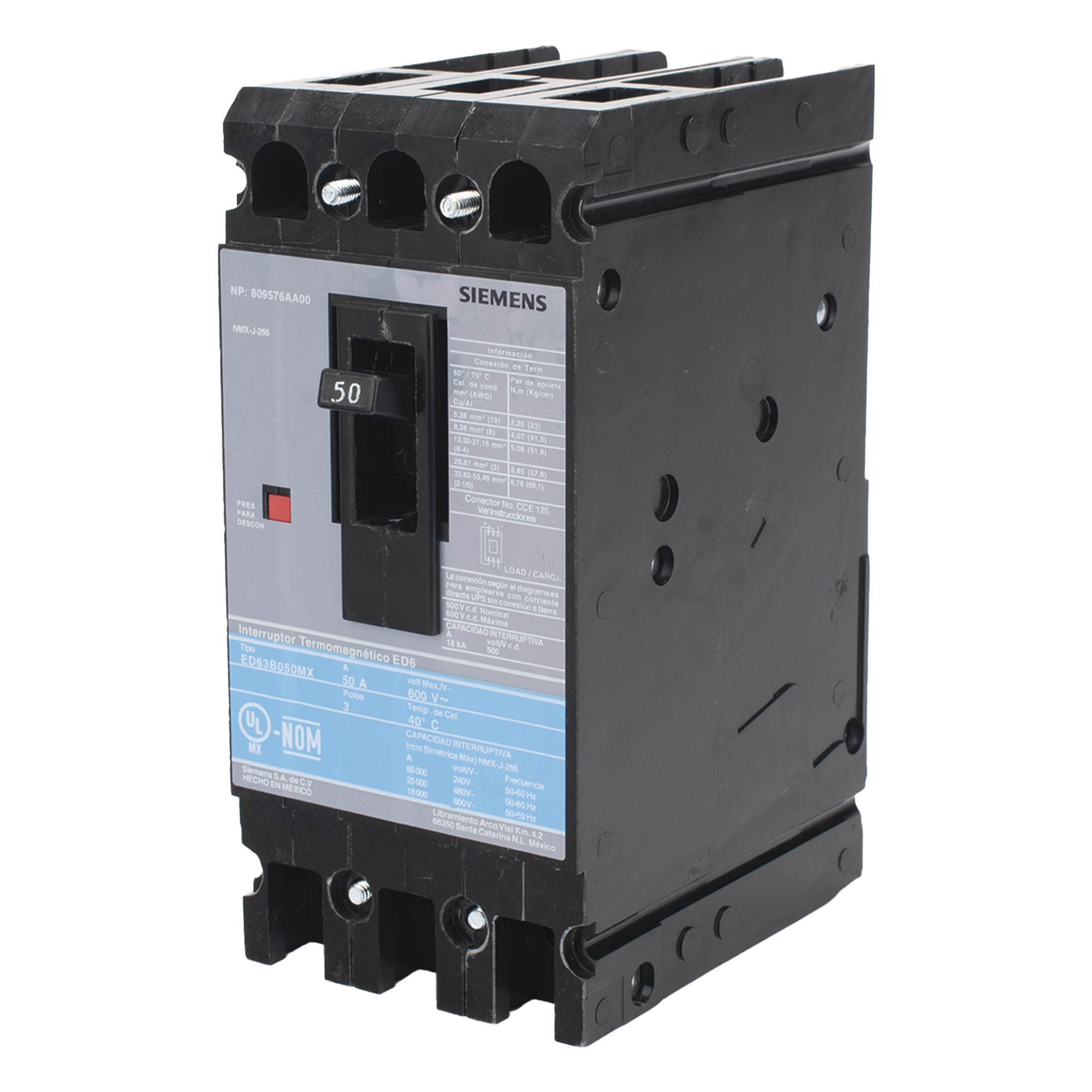 Interruptor Termomagnético ED6 600V 3X50A, Sin zapatas principales. — SIEMENS · SKU ED63B050MX