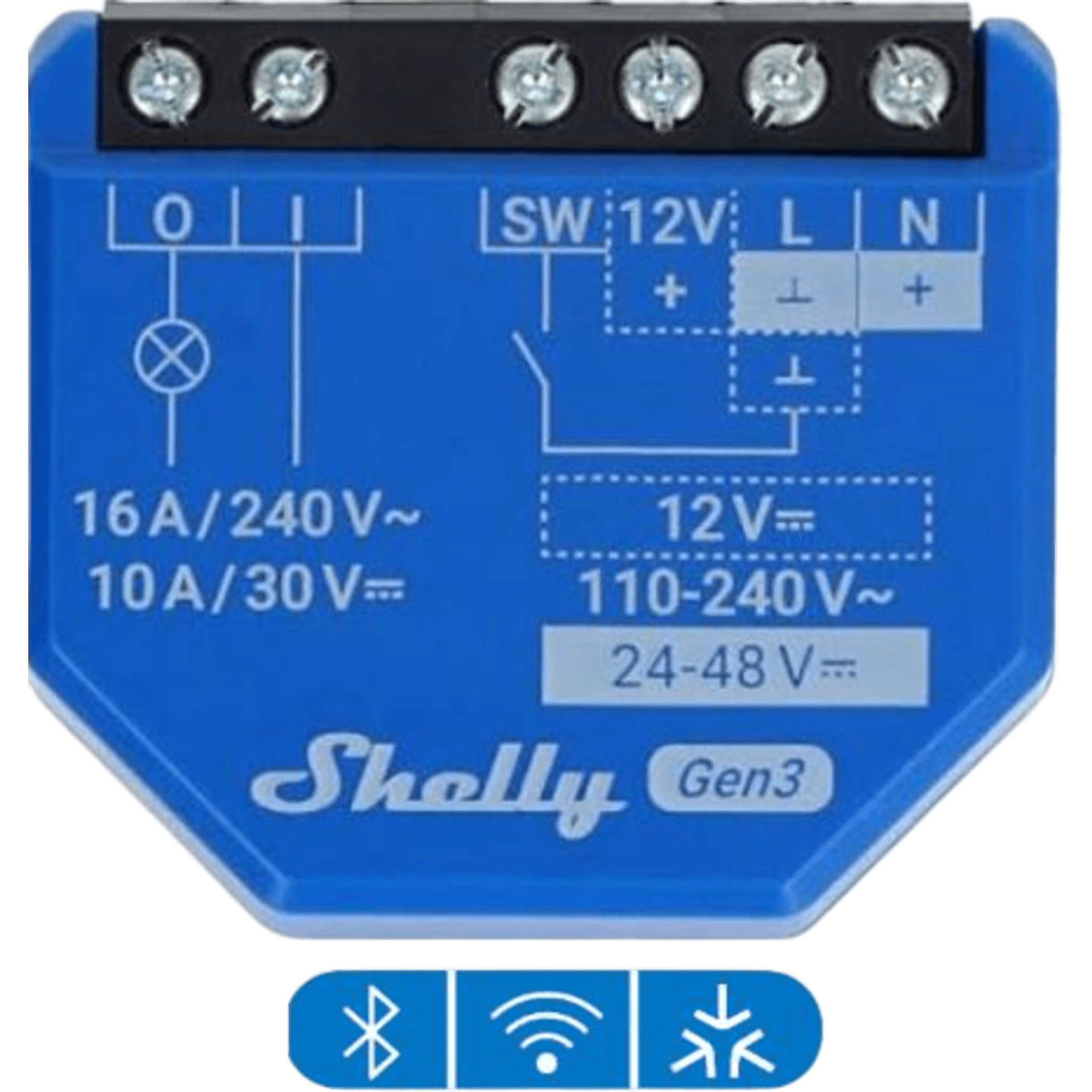 Relé Inteligente Wi-Fi / 16A / Contacto Seco / 110-230V AC / 12-48V DC / Control por Voz / 41x36x16 mm — SHELLY · SKU SHELLY1GEN3