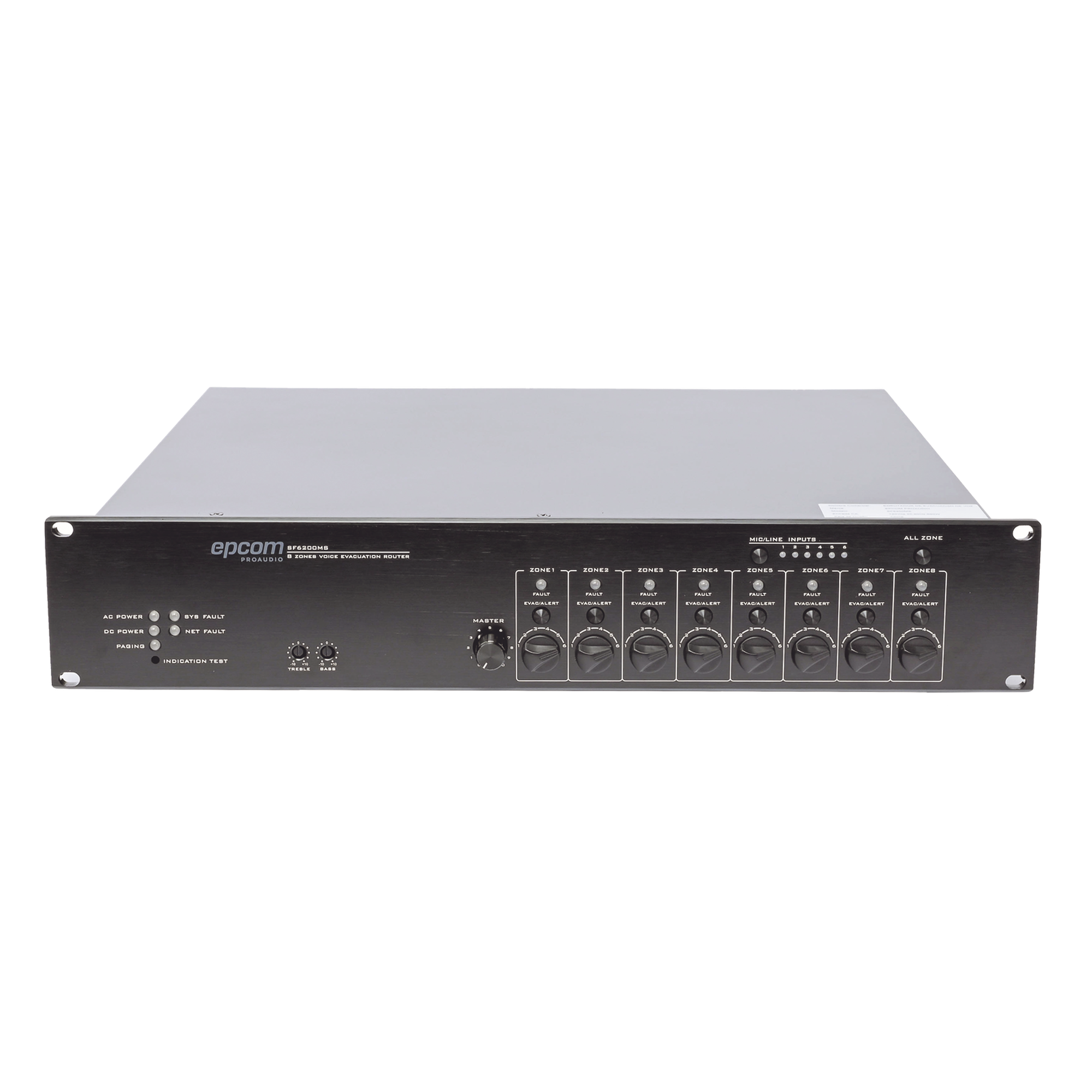 Controlador de Extensión de Evacuación de Voz | 8 Zonas | 500W | Soporta Máx. 19 SF6200MS en Cascada — EPCOM PROAUDIO · SKU SF-6200MS