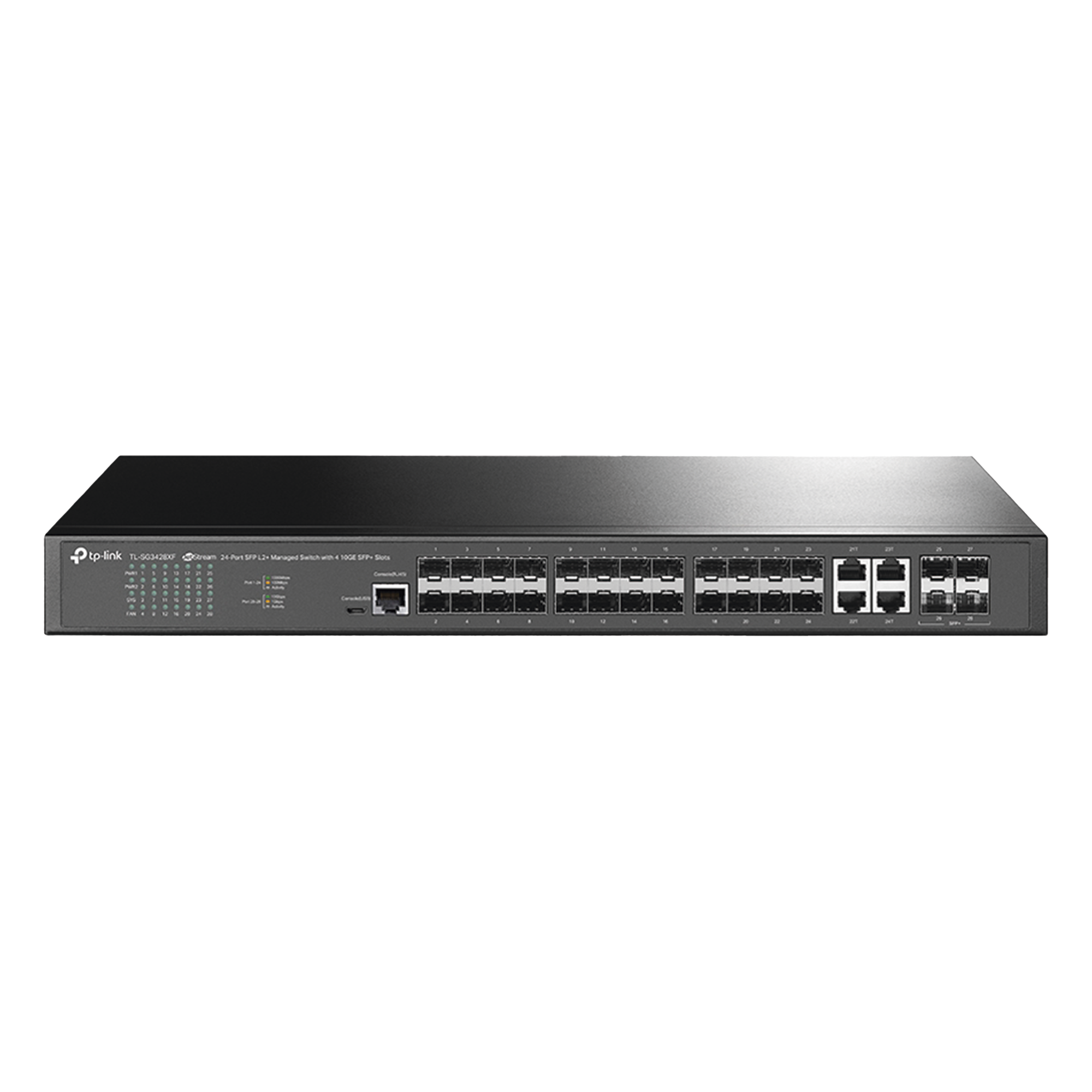 Switch de Fibra Óptica L2+ Omada / 24 puertos SFP 1GE / 4 Puertos Combinados SFP+/RJ45 Gigabit / 2 Puertos Consola RJ45|micro-SUB / Administración Centralizada Omada o Stand-Alone / Compatile con IPv6 / Multicast IGMP