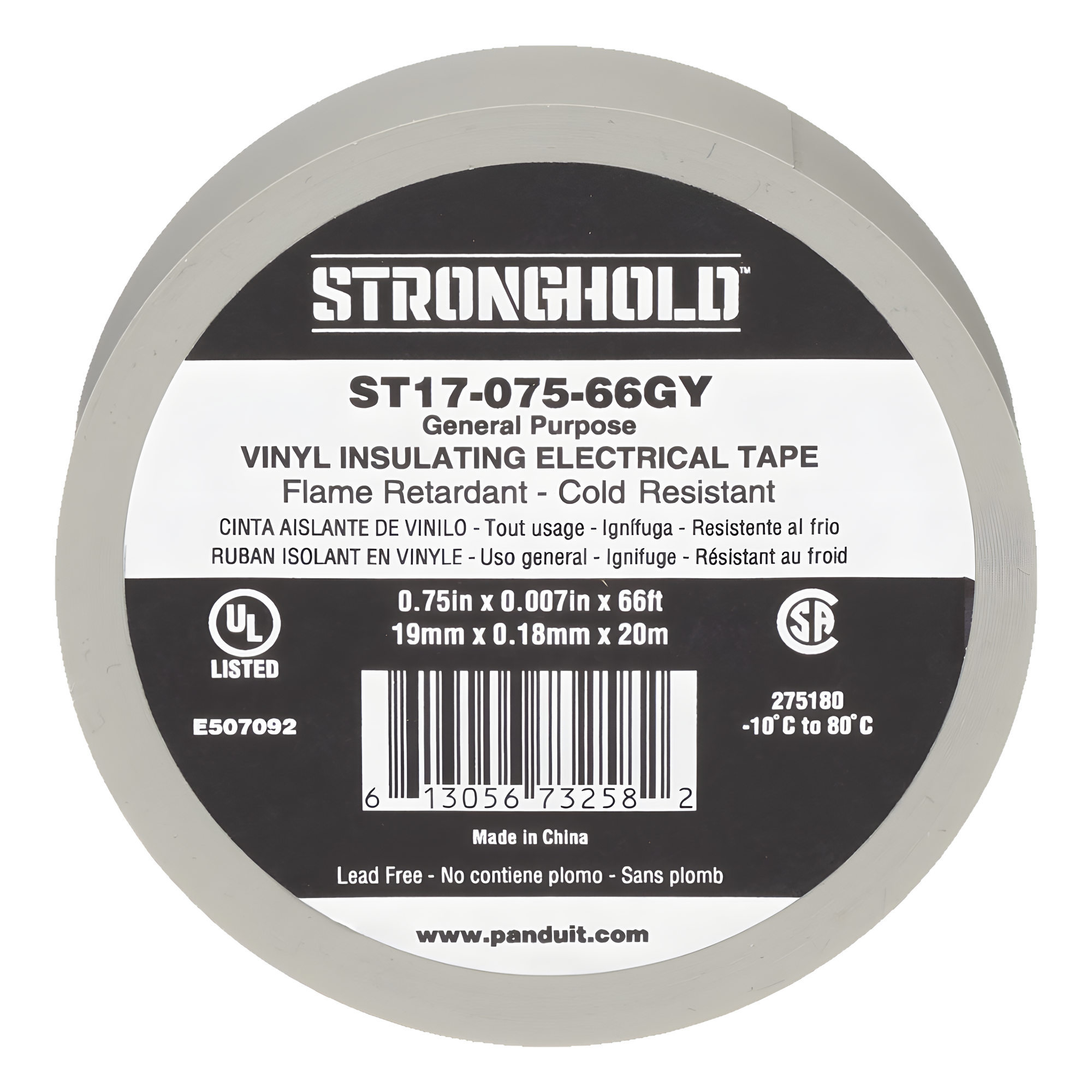 Cinta Eléctrica STRONGHOLD para Aislar, de PVC, Uso General Reparación y Mantenimiento, Grosor de 0.18mm (7 mil), Ancho de 19mm, y 20.12m de Largo, Color Gris — PANDUIT · SKU ST17-075-66GY