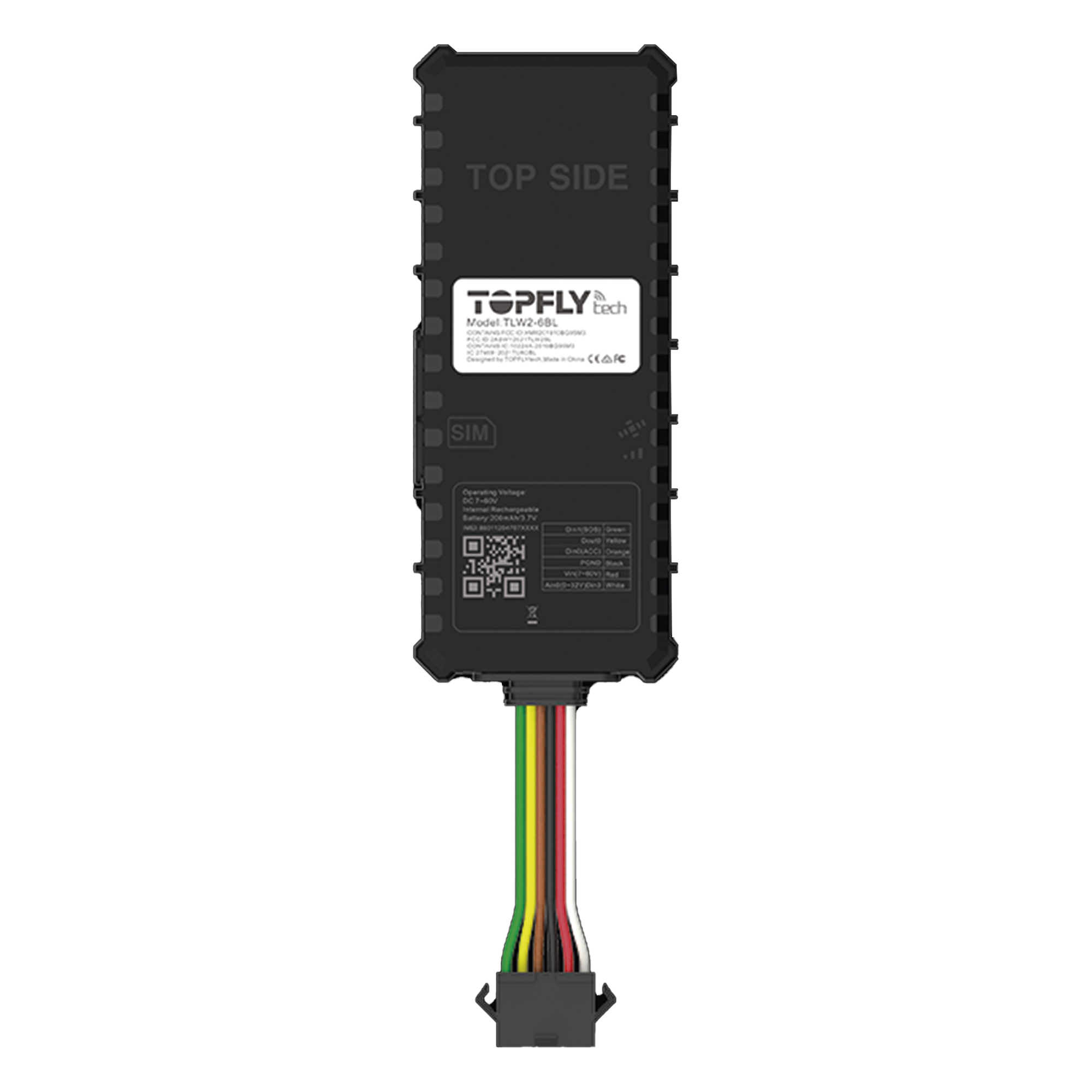 Tracker GPS / Dispositivo de localización para vehículos / Conectividad 4G LTE y BLE 5.0 / Diferentes tipos de notificaciones / Corte y restablecimiento de energía / Función SOS / (2) DIN / (1) DOUT / (1) AIN — TopFlyTech · SKU TLW2-6BL