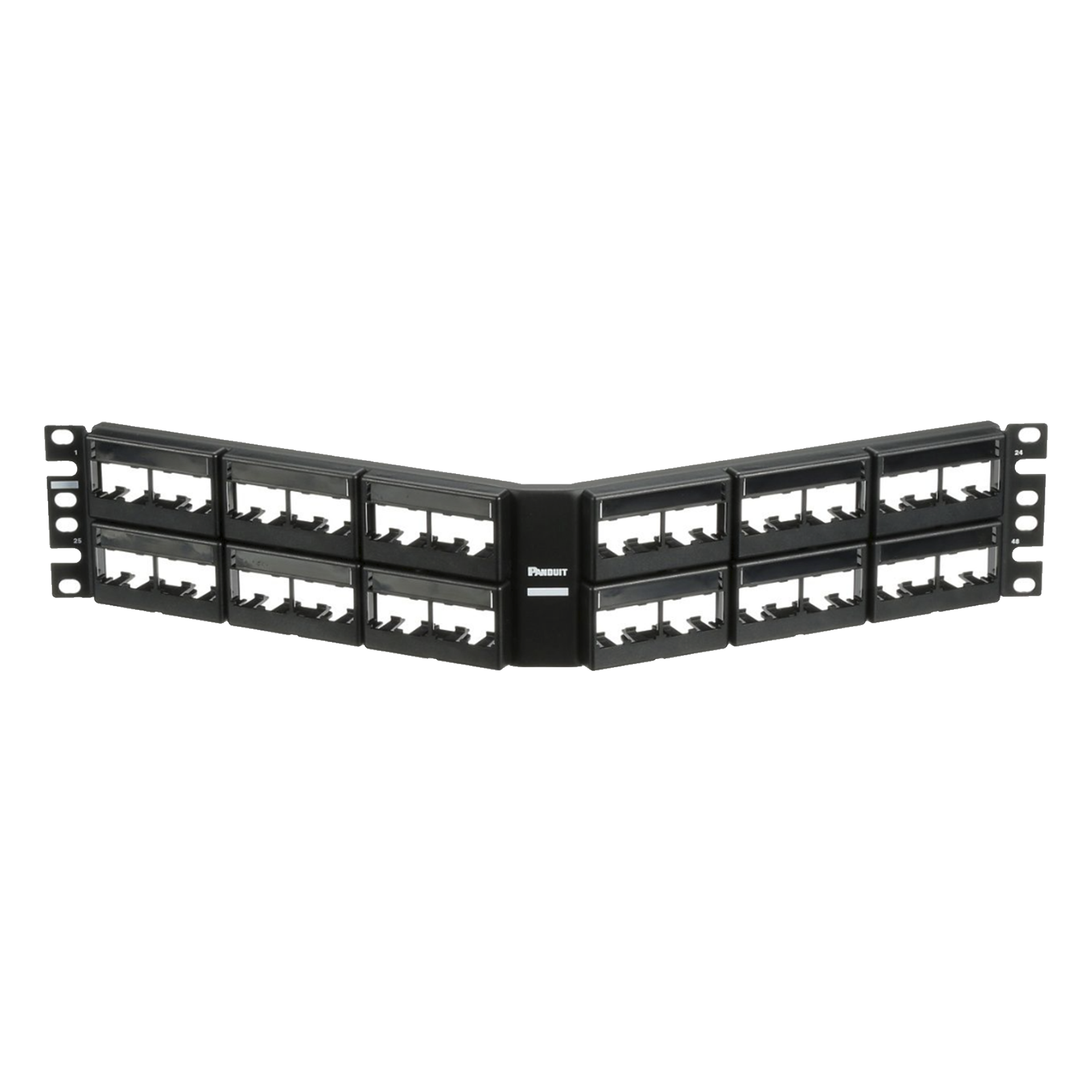 Panel de Parcheo Modular Mini-Com (Sin Conectores), Angulado, Sin Blindaje, Con Etiqueta y Cubierta, de 48 Puertos, 2UR — PANDUIT · SKU CPPLA48WBLY