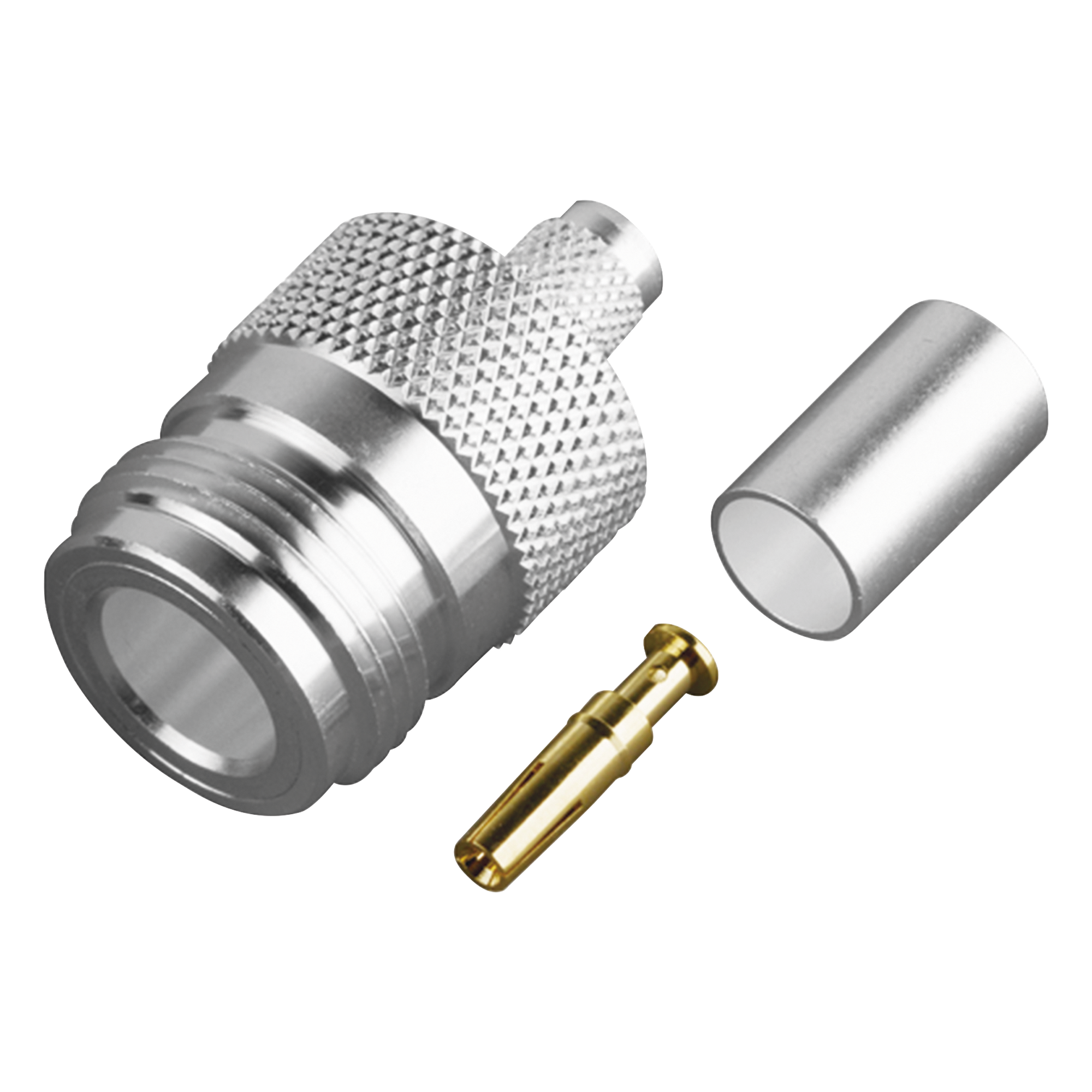 Conector RF Tipo N Hembra / Anillo Plegable / Contacto Oro / Cuerpo Plata / Aislante Teflón / Para Cable Proflex y Grupo P — RF INDUSTRIES,LTD · SKU RFN-1029-SP
