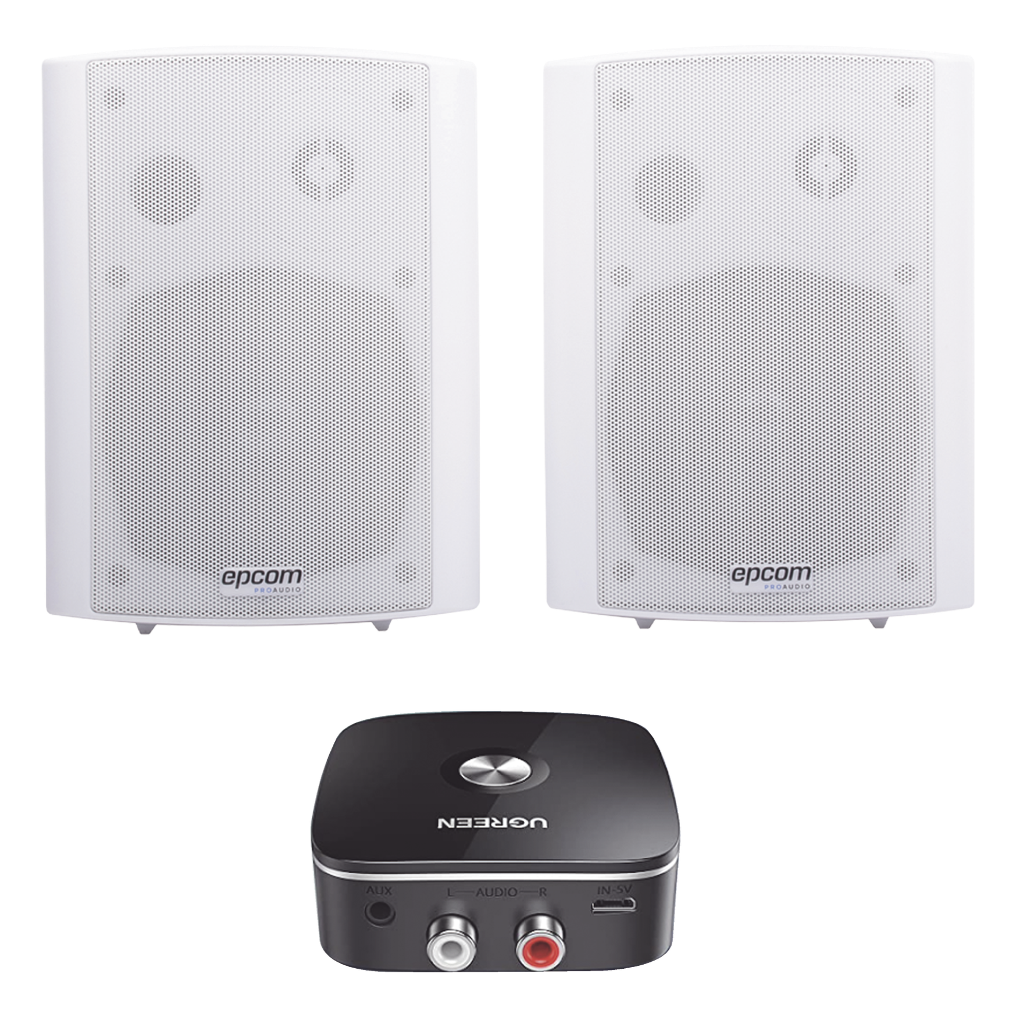 Kit  Altavoces + Modulo Receptor BT | Montaje en Pared | 2x20W RMS | Material ABS y Reja Metálica | Bracket de Metal | Color Blanco — EPCOM PROAUDIO · SKU SF775AW/BT