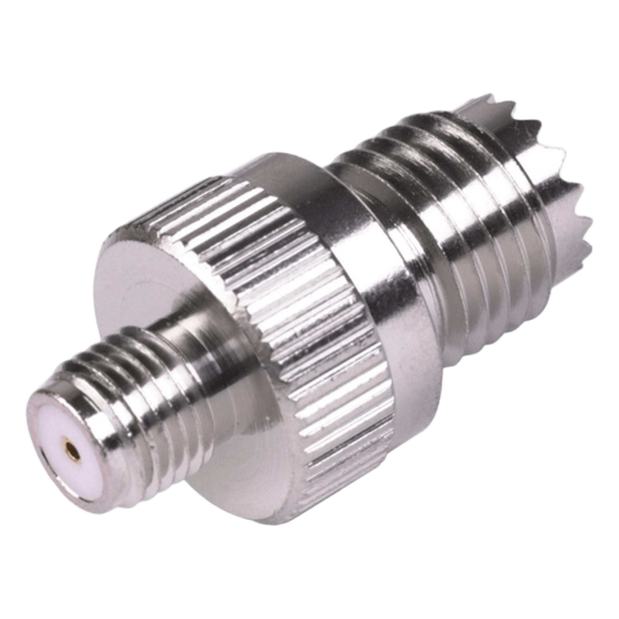 Adaptador RF Coaxial / Mini-UHF Hembra a SMA Hembra / Montaje en Línea / Cuerpo Bronce Niquelado / Contacto Oro / Aislante Teflón — RF INDUSTRIES,LTD · SKU RFU-642