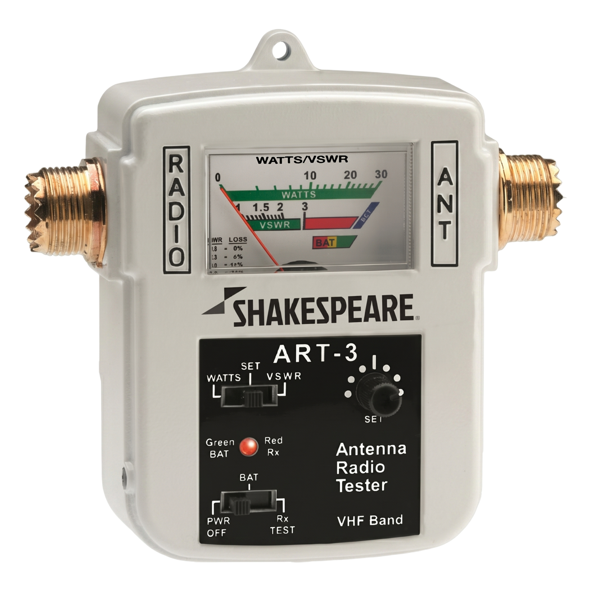 Probador de Recepción, Potencia y Reflejo / Para Antenas Marinas VHF / 155-158 MHz / Potencia Máxima 30W / Impedancia de 50 ohm — SHAKESPEARE · SKU ART-3