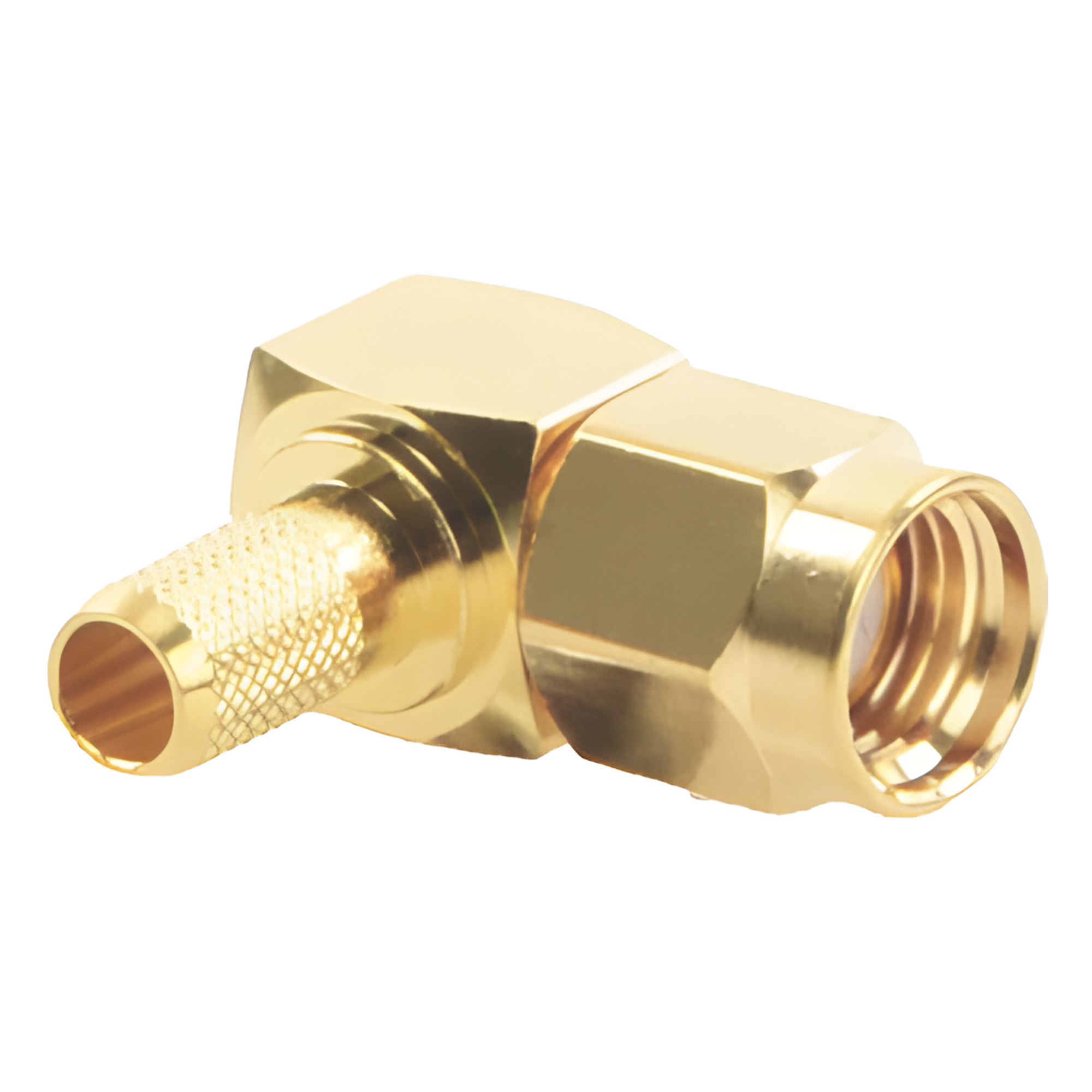 Conector SMA Macho Inverso en Ángulo Recto de Anillo Plegable para Cables RG-58/U, RG-142/U, Oro/ Oro/ Teflón. — RF INDUSTRIES,LTD · SKU RP-3010-1C1