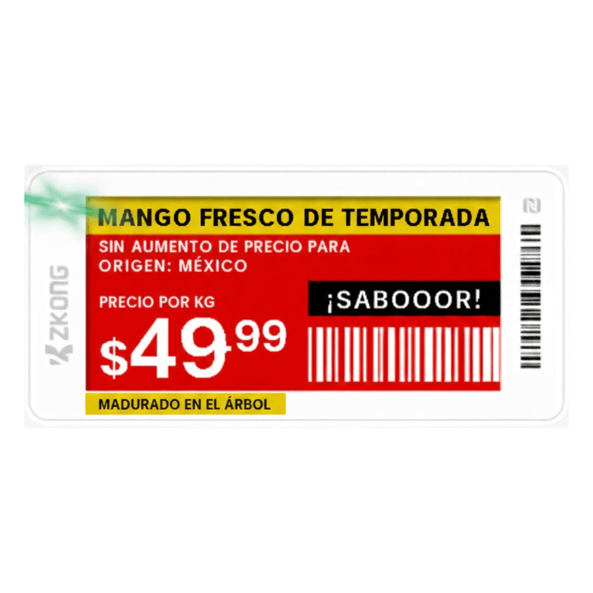 Etiqueta de Estantería Electrónica ESL ZKE21B / Pantalla EPD 2.13 Pulgadas / Resolución 122x250 Píxeles / 4 Colores (Negro Blanco Rojo Amarillo) / BLE 5.0 con Encriptación AES-128 / Batería 5 Años / NFC / C — ZKONG · SKU ZKC21B
