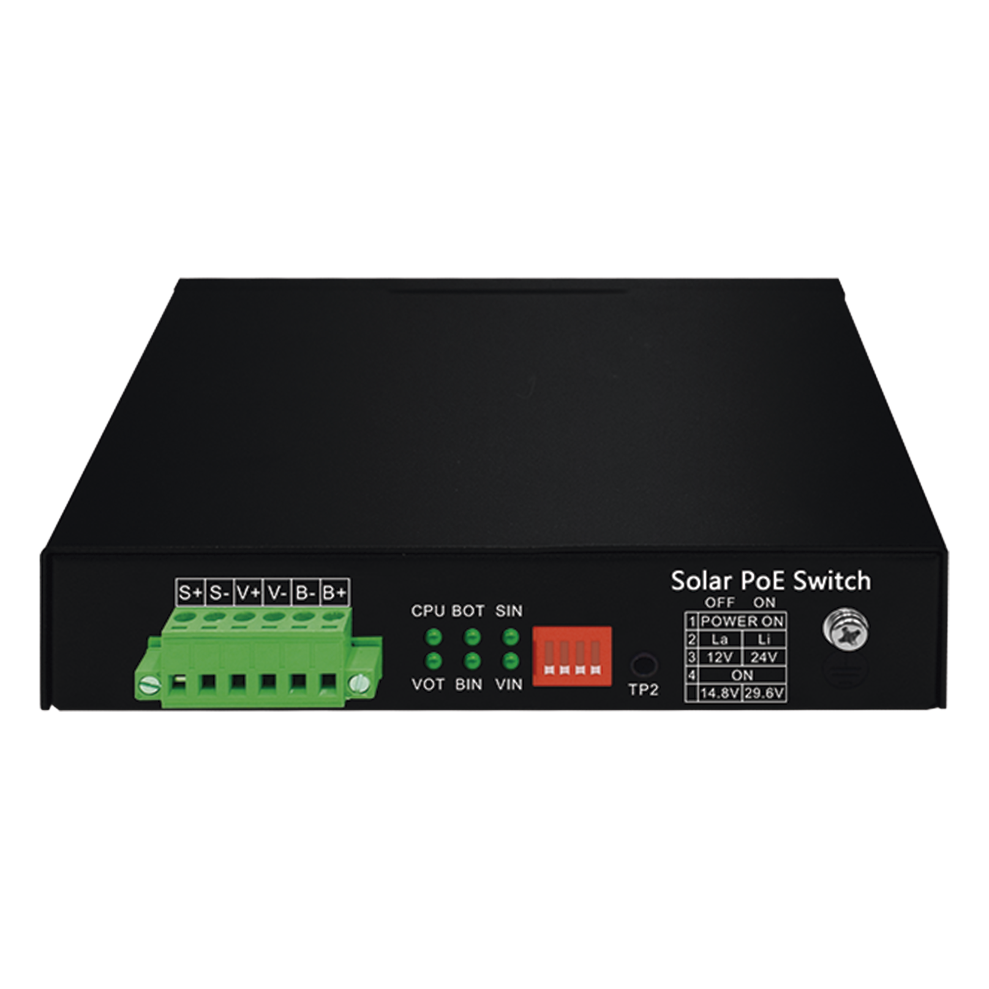 Controlador Solar de 15A con Switch PoE / 1 Puerto Gigabit PoE 802.3 bt / 2 Puertos PoE 802.3 af/at / 2 Puertos PoE Pasivo 24/48 Vcc / 1 Puerto SFP / No administrable